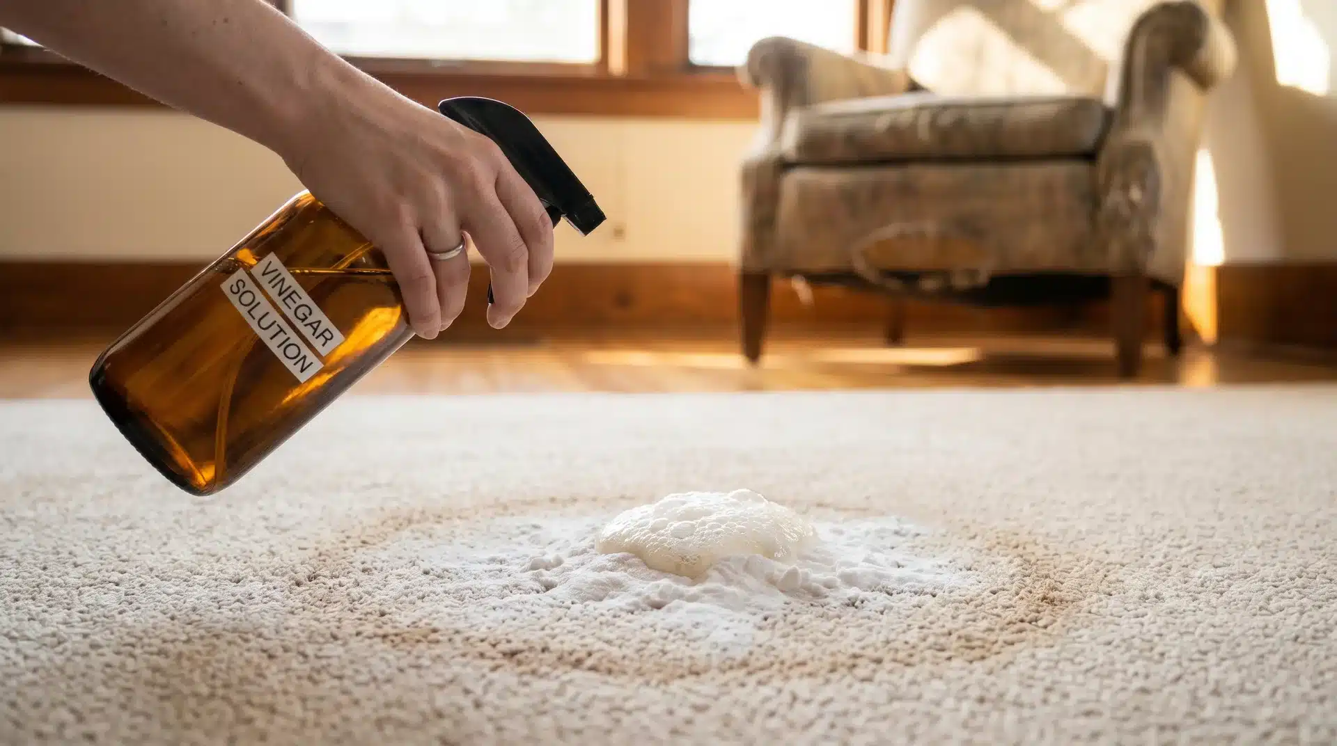 A person’s hand spraying a vinegar solution from a labeled brown bottle onto a pile of baking soda on a light-colored carpet to treat a stain.
