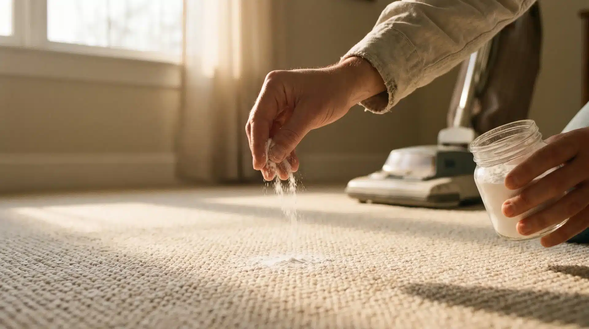 A person’s hand sprinkling baking soda from a glass jar onto a carpet, with a vacuum cleaner visible in the background.