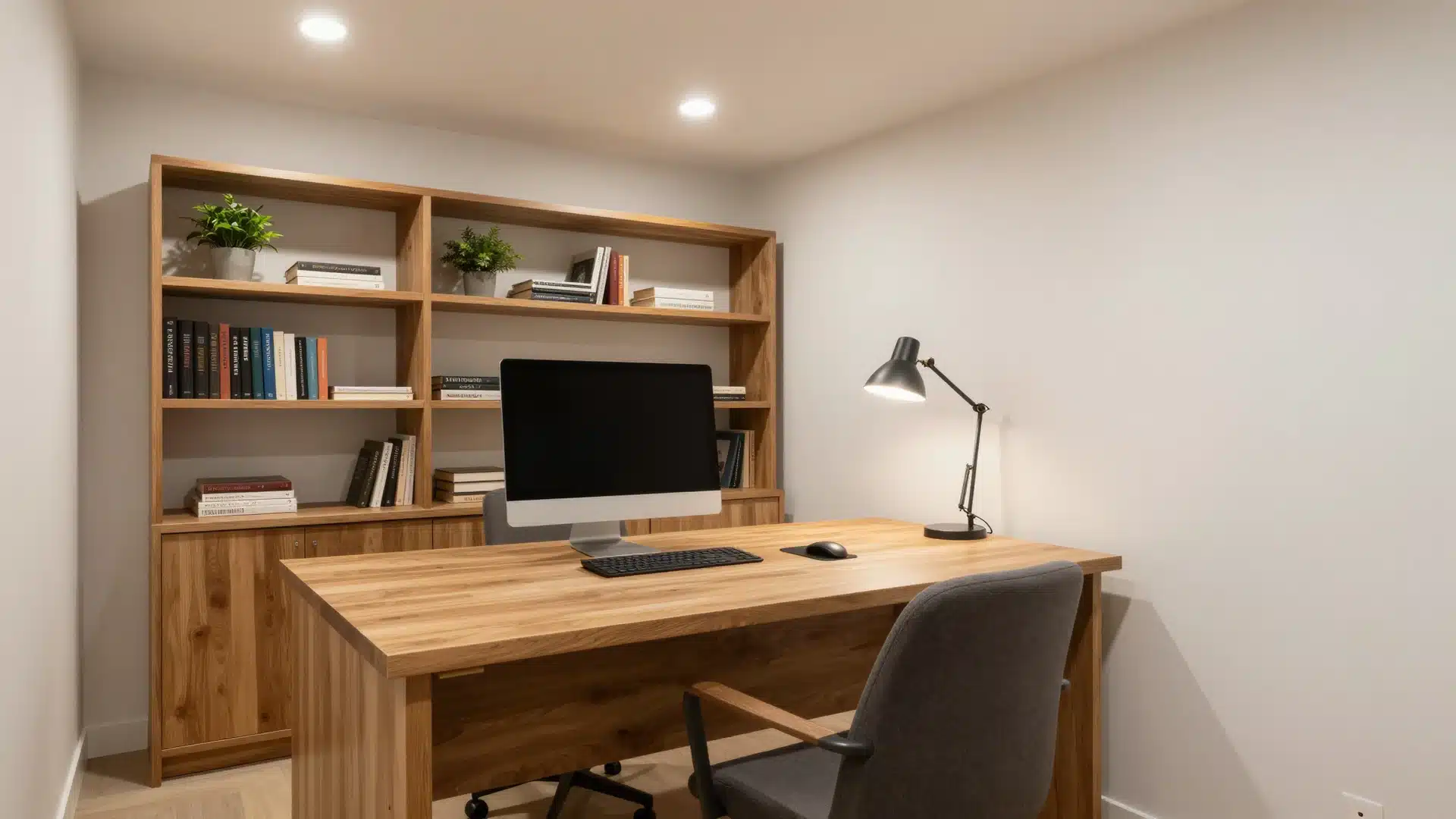 A quiet basement home office setup featuring a sleek desk, ergonomic chair, and focused task lighting for productivity