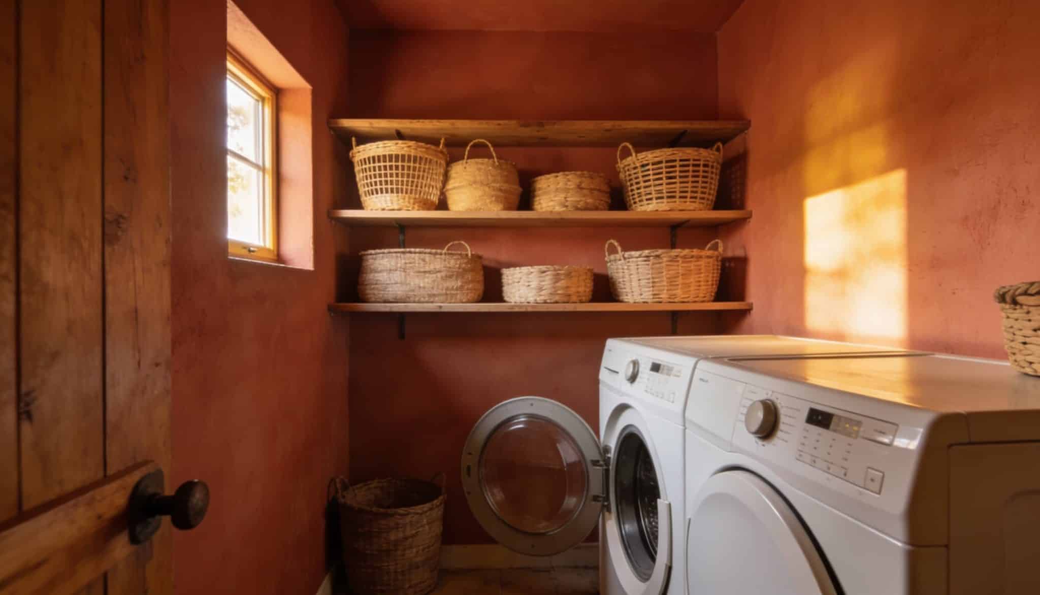 A rustic, earthy laundry room with warm terracotta-colored walls and natural woven textures.