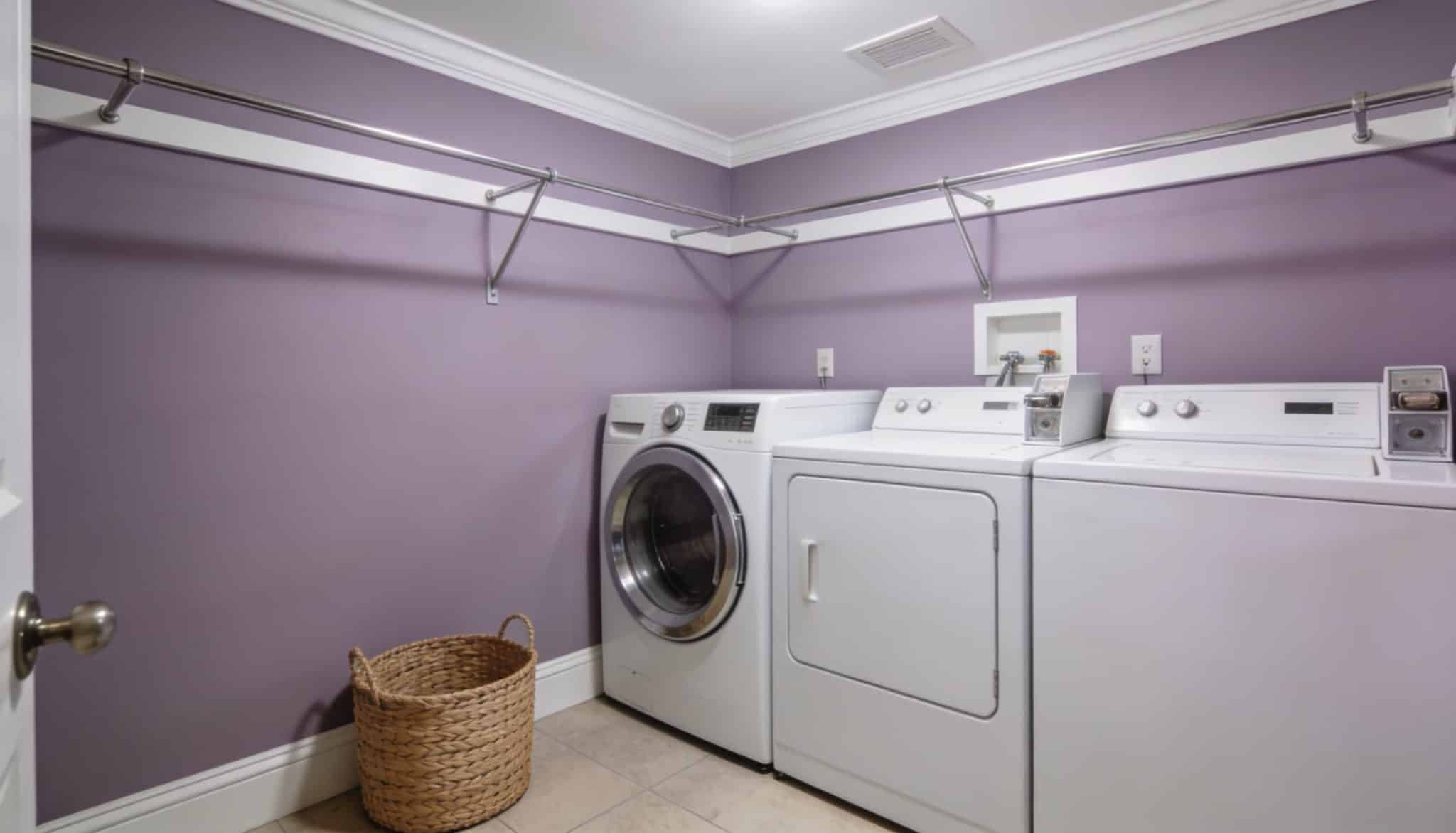 A serene, clean laundry room with soft lavender walls and modern chrome fixtures.