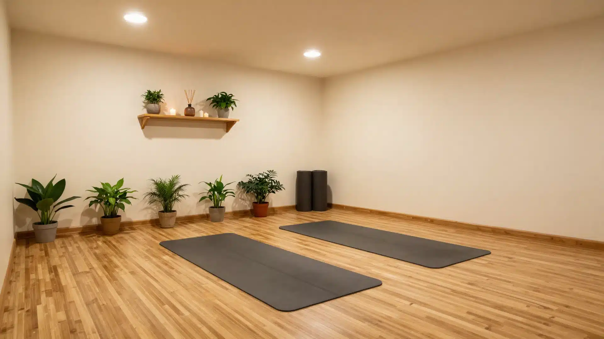 A serene yoga studio featuring bamboo flooring, floor pillows, soft ambient lighting, and indoor plants for a calm atmosphere.