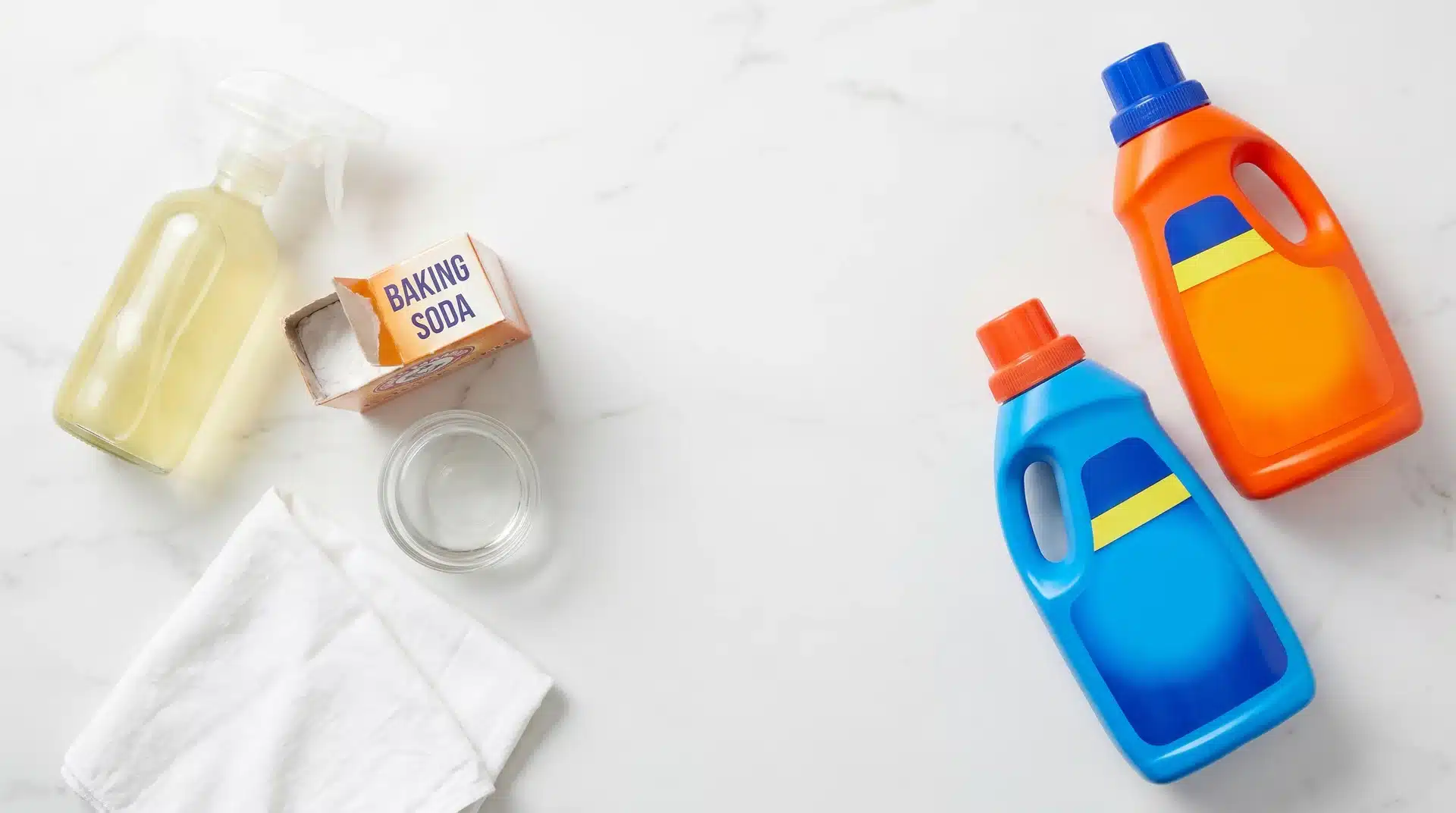 A side-by-side comparison of homemade cleaning ingredients, like baking soda and soap, on the left, and two plastic bottles of commercial carpet cleaner on the right