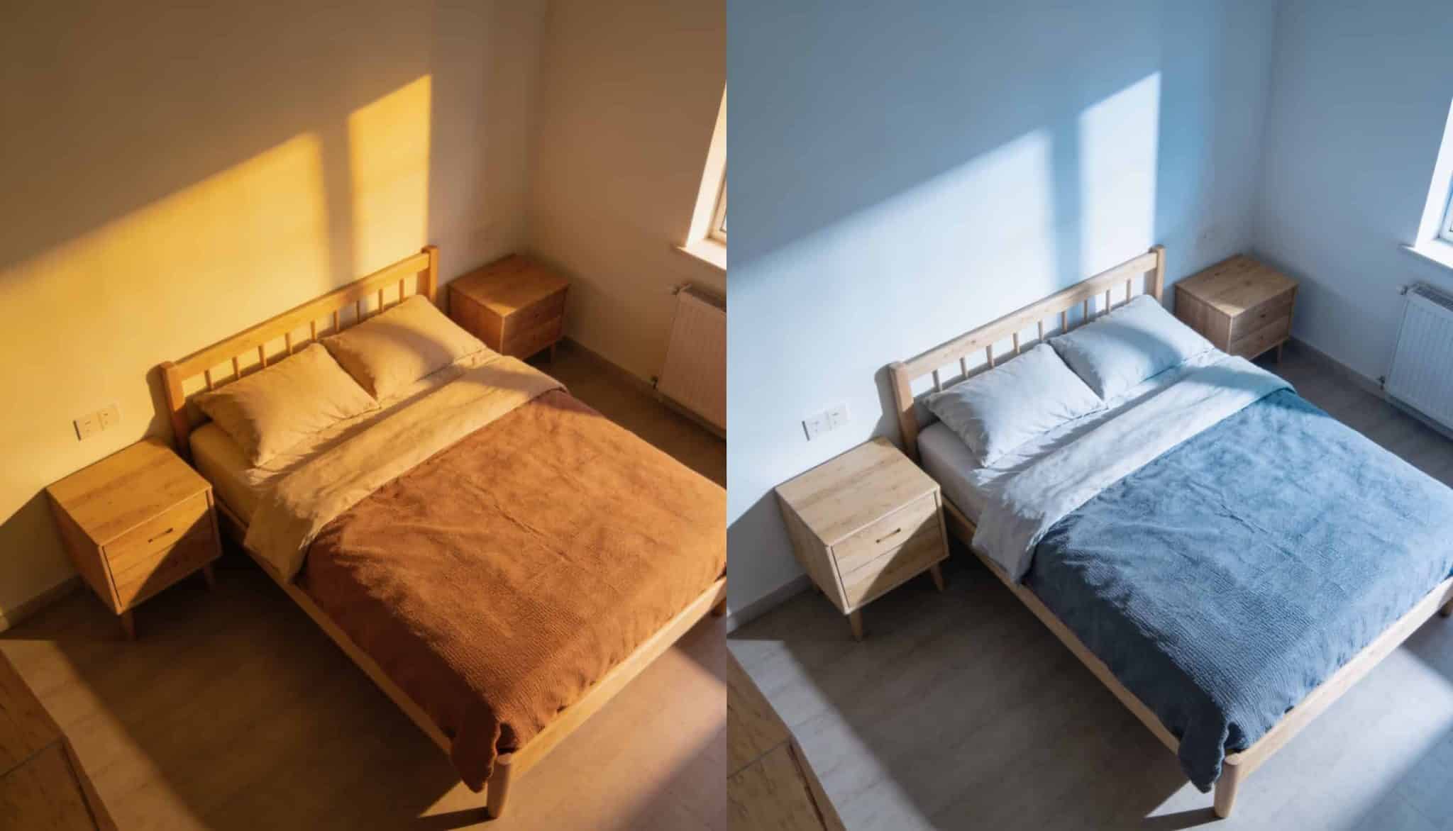 A side-by-side comparison of the same bedroom interior, with the left side showing a warm yellow-toned lighting and the right side showing a cool blue-toned light.