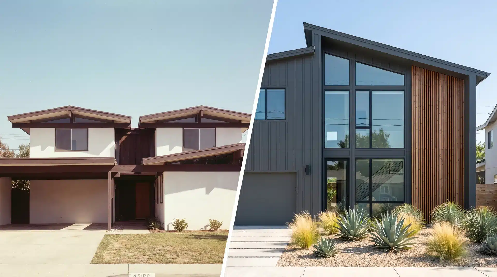 A side-by-side comparison showing a structured, mid-century modern home next to a fluid, contemporary house to highlight stylistic differences.