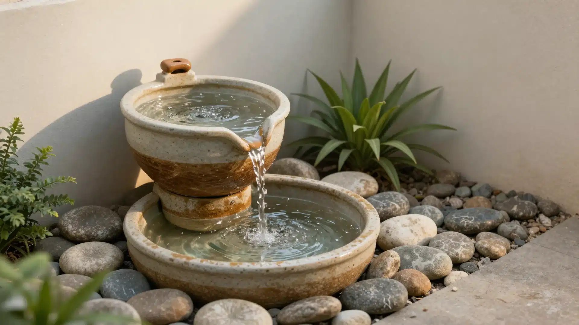 A small, serene ceramic pot fountain placed in a garden corner, surrounded by smooth river rocks and low-growing greenery.