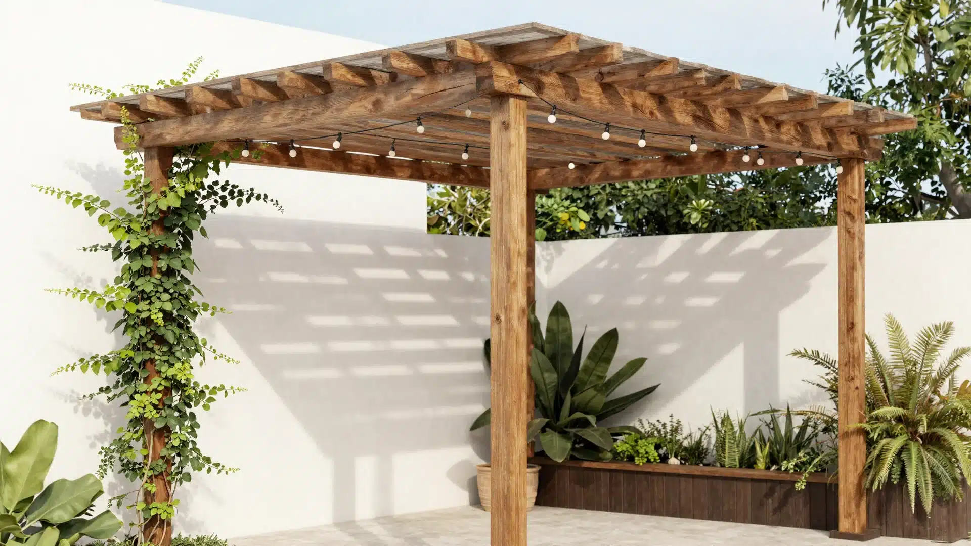 A small, stylish wooden pergola standing in a backyard, partially covered with climbing vines and warm hanging string lights.