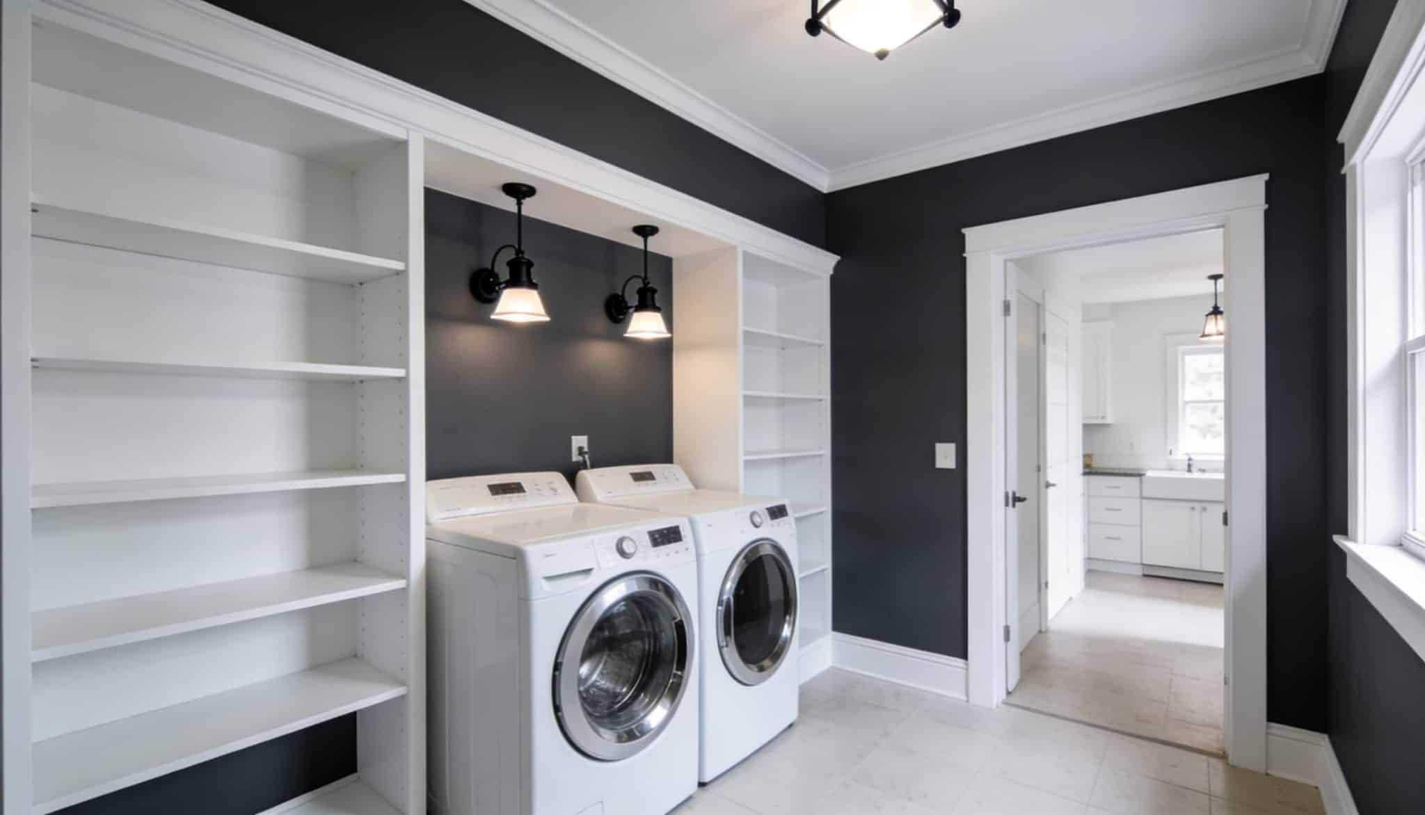 A spacious, well-lit laundry room featuring dramatic charcoal walls that create a high-contrast look.
