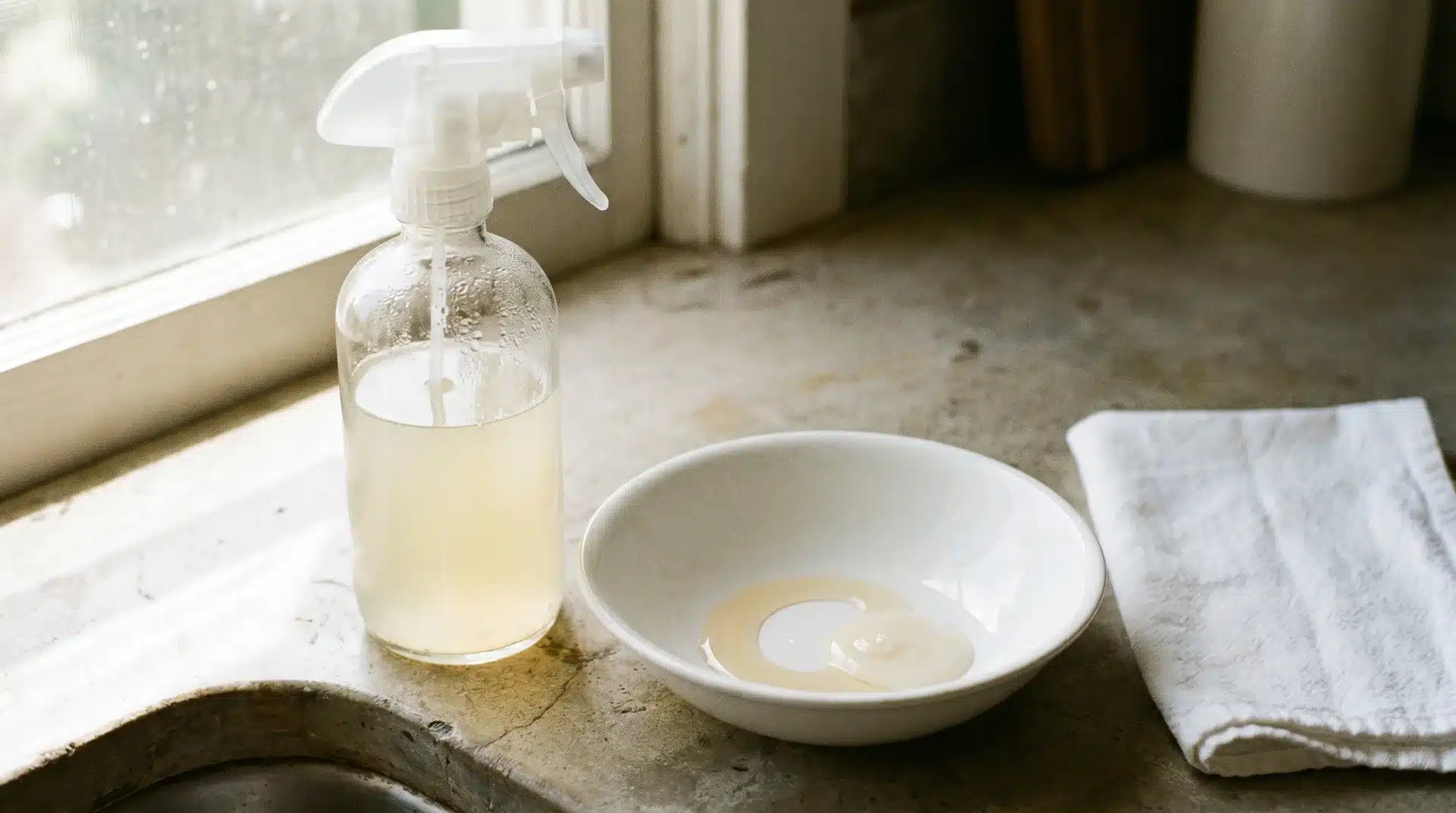 A spray bottle filled with a cleaning solution sits next to a small bowl containing dish soap and a clean white cloth on a kitchen countertop.