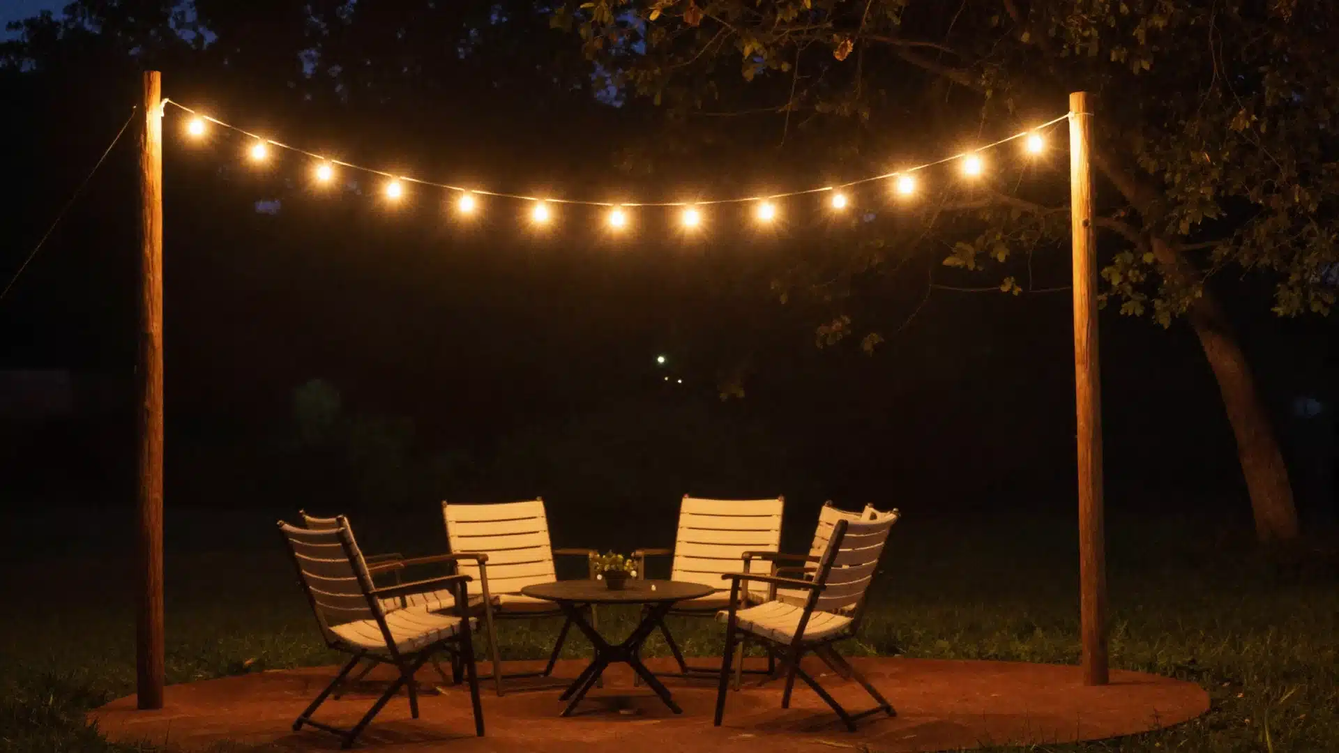 A string of warm Edison-style bulbs hung across a backyard, providing a soft, inviting glow for evening relaxation.