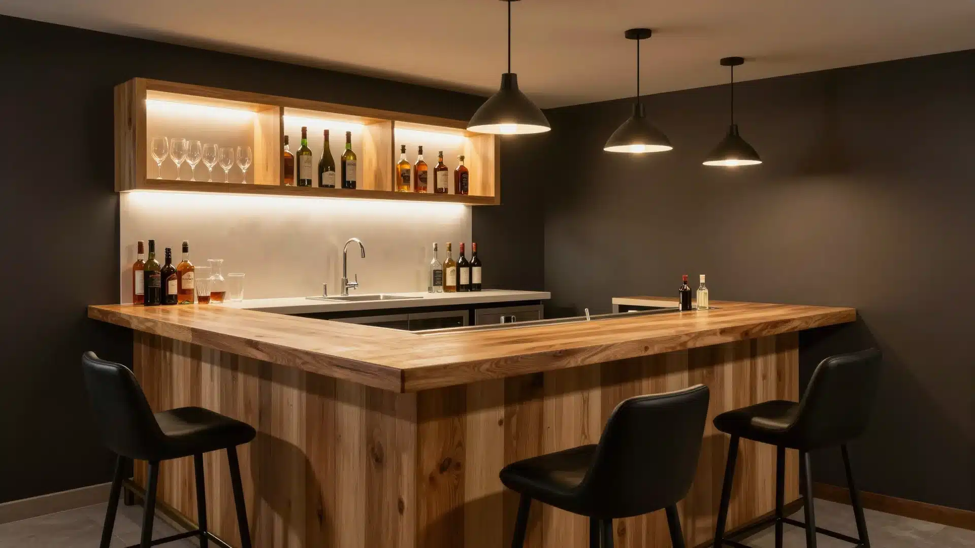 A stylish basement wet bar featuring polished countertops, bar stools, under-cabinet lighting, and open glass shelving.