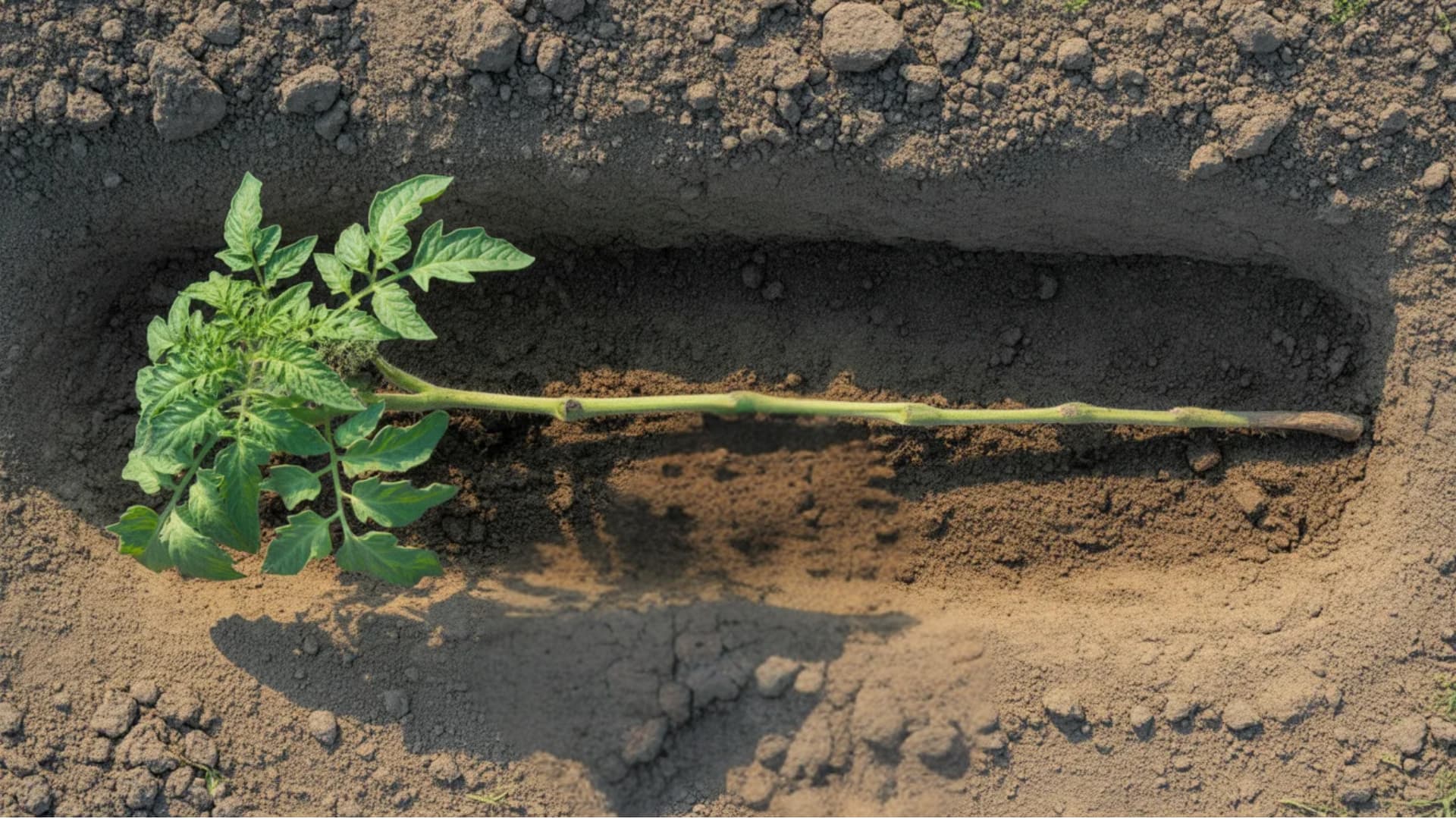 A tomato seedling is laid horizontally in a shallow trench, with most of the stem buried in soil and the leafy top exposed for the trench planting method.