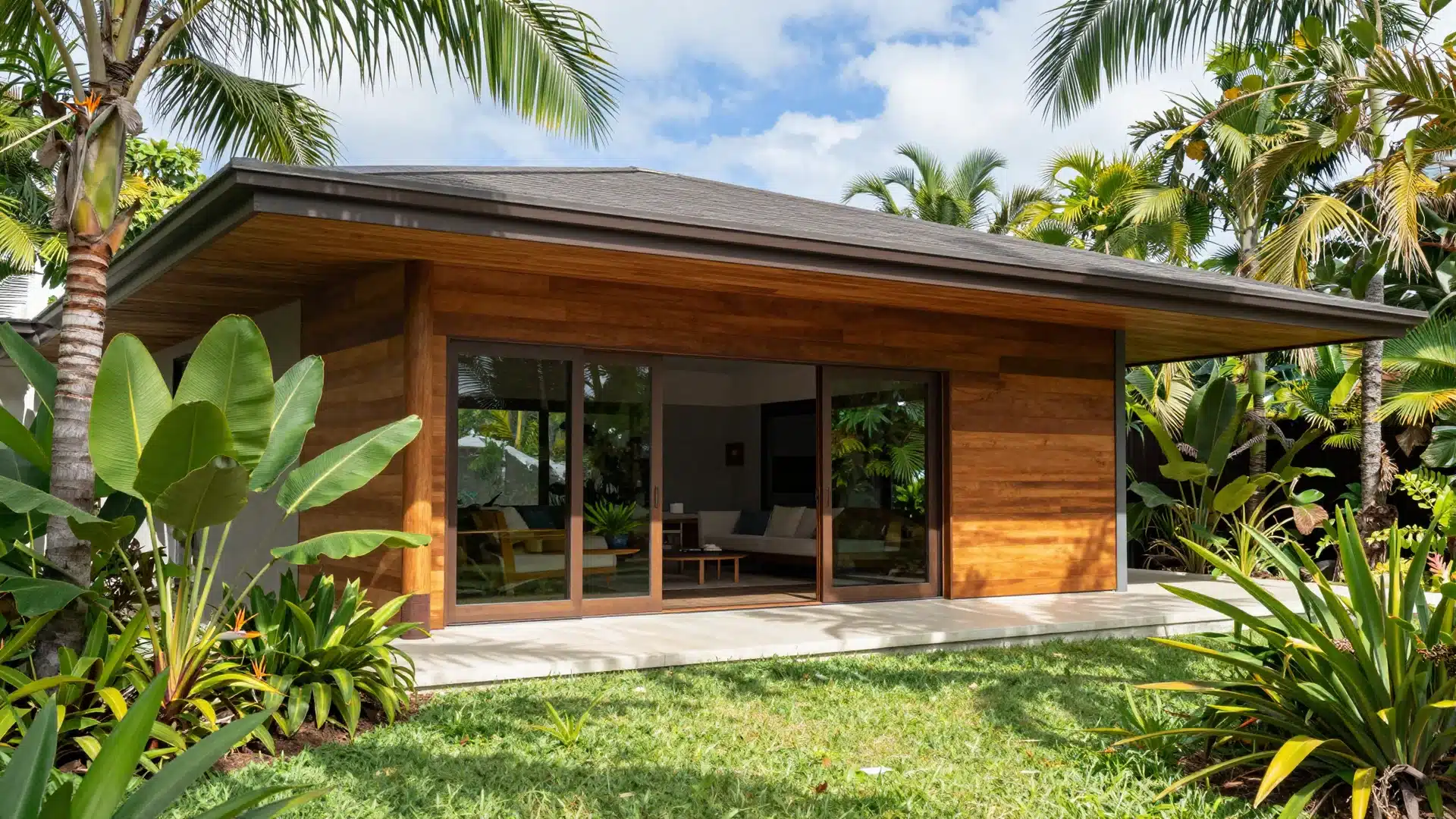 A tropical modern residence featuring wide roof overhangs, large sliding glass doors, and warm, natural teak wood details.