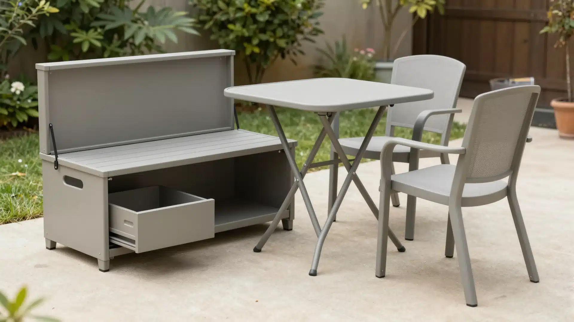 A versatile wooden outdoor bench that serves as both comfortable seating and a storage unit for garden tools and cushions.