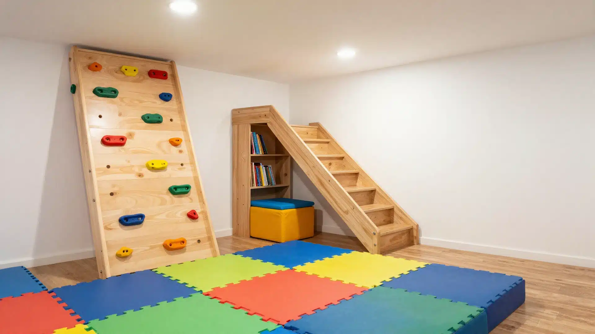 A vibrant basement playroom filled with colorful storage bins, a fun reading nook, and space for creative play activities