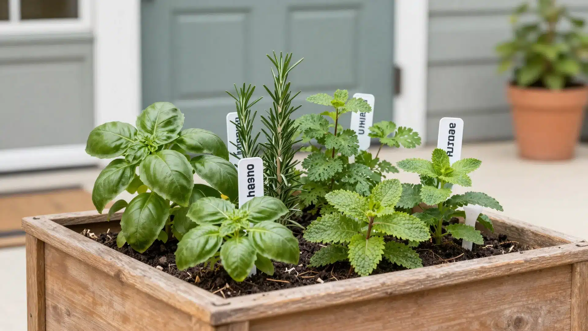 A vibrant home herb garden featuring pots of fresh basil, mint, and rosemary positioned conveniently near a kitchen door.