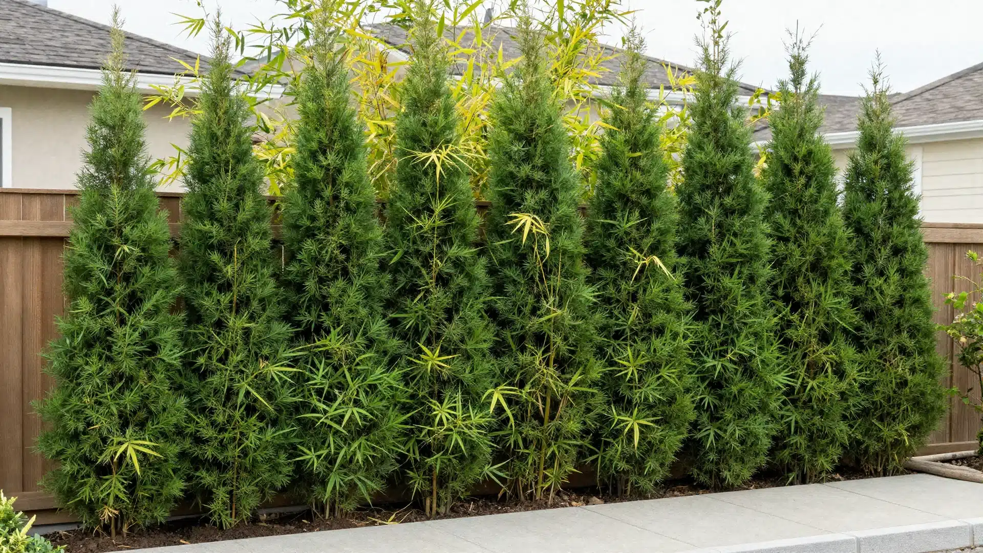 A vibrant, tall row of bamboo plants acting as a natural living privacy screen to block views from neighbors.