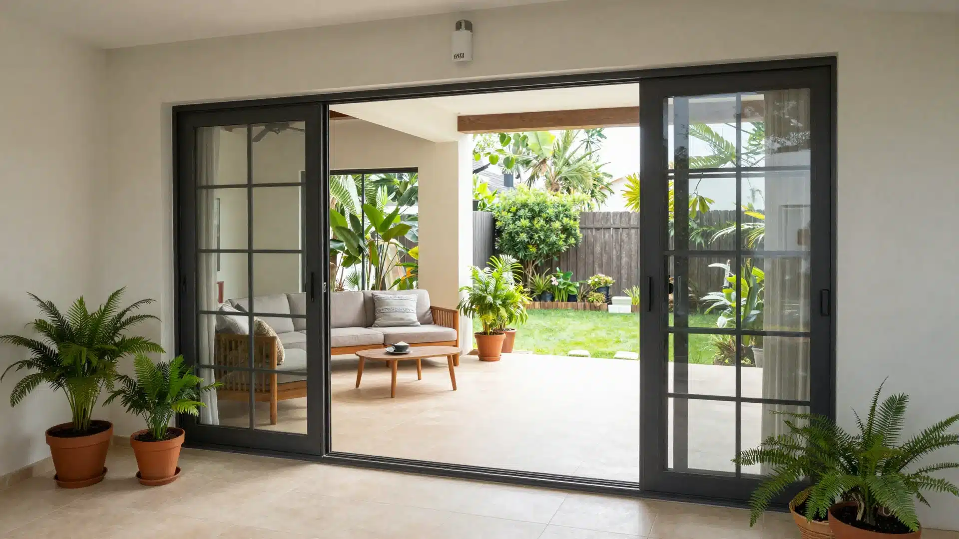 A view from inside a house looking out through wide glass doors onto a patio, blending both spaces into one area