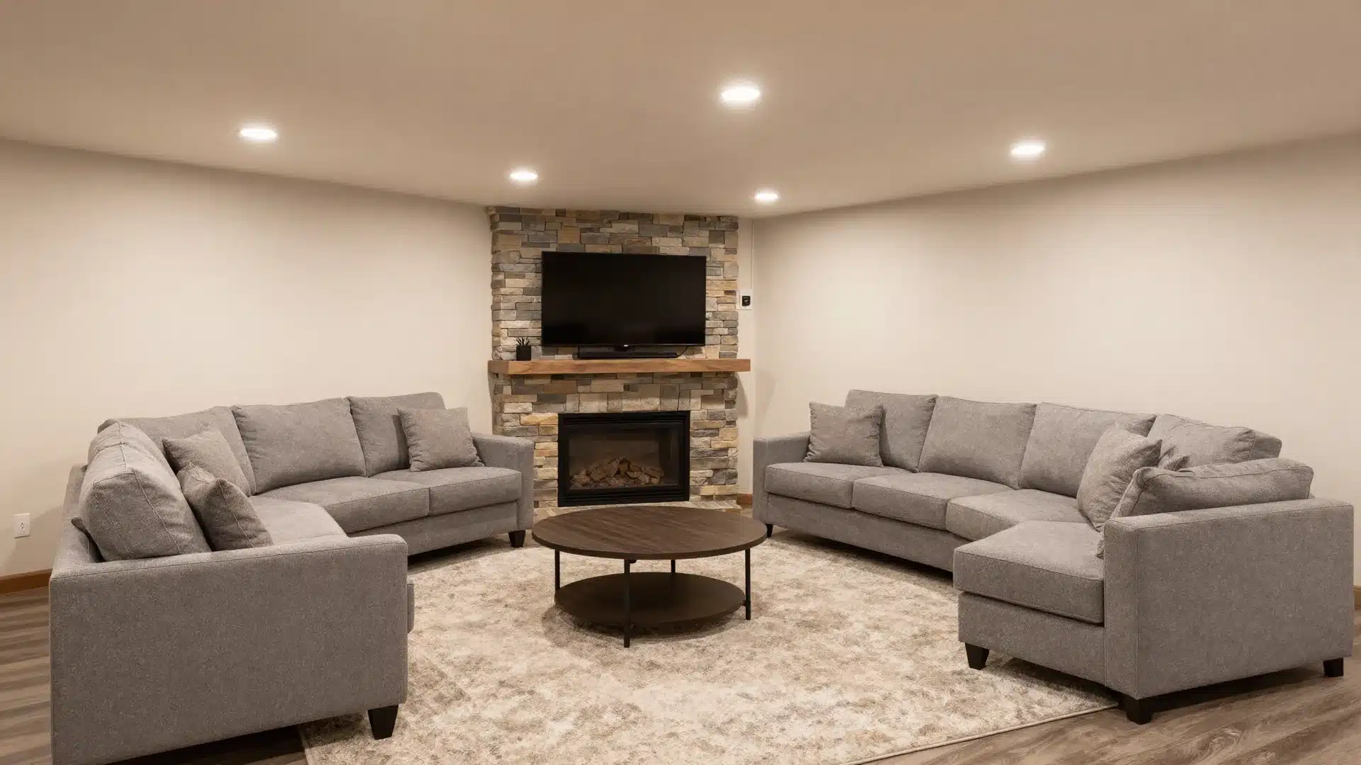 A warm, basement family room featuring a plush sectional sofa, a fireplace, a feature wall, and soft, inviting decor elements