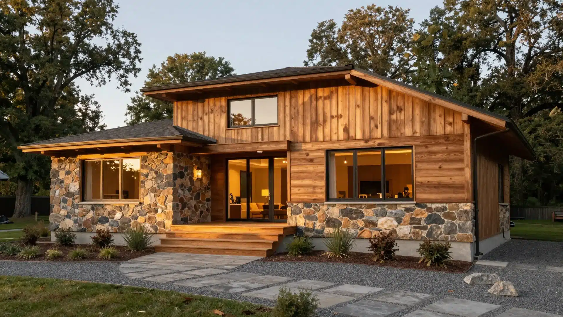 A warm modern house exterior showcasing a beautiful combination of natural wood slats and textured stone cladding