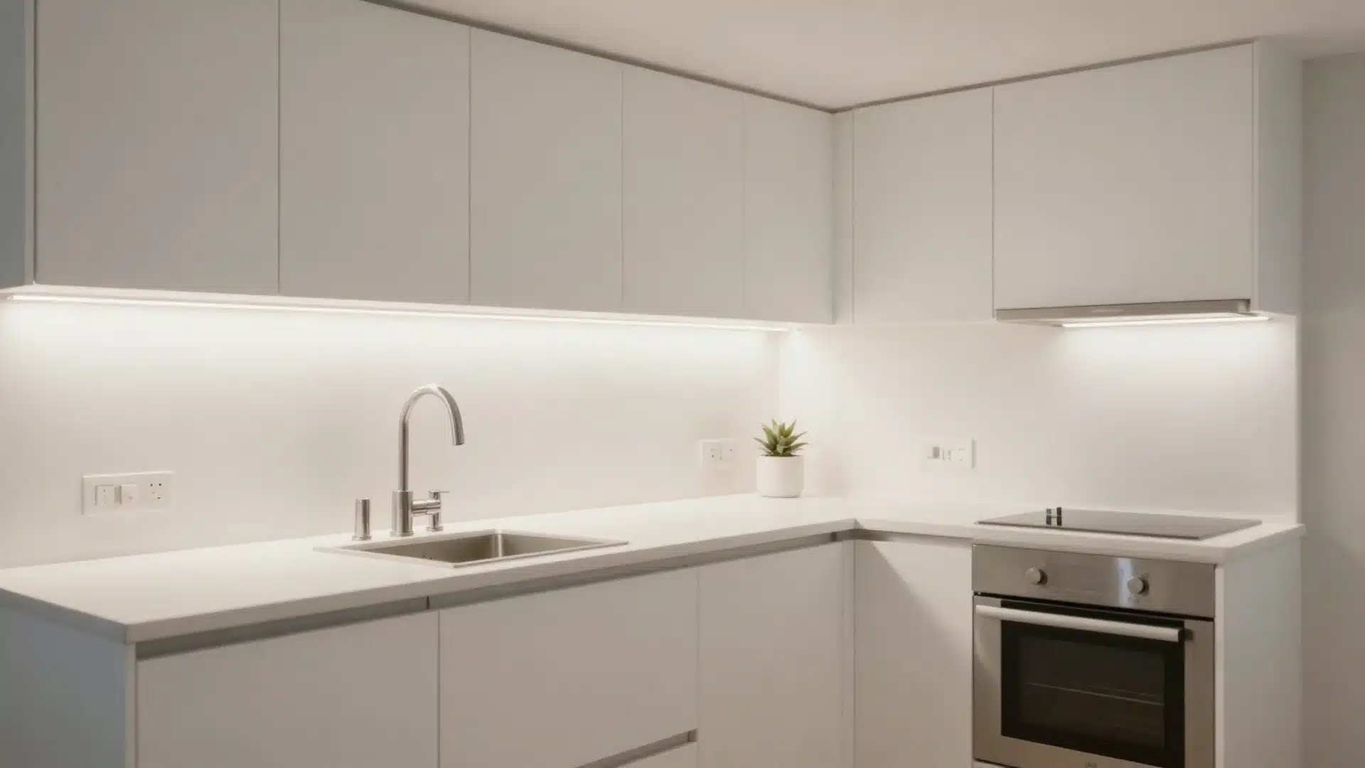 A well-lit kitchen with sleek white cabinets and countertops, featuring under-cabinet lighting that creates a bright, neutral atmosphere.