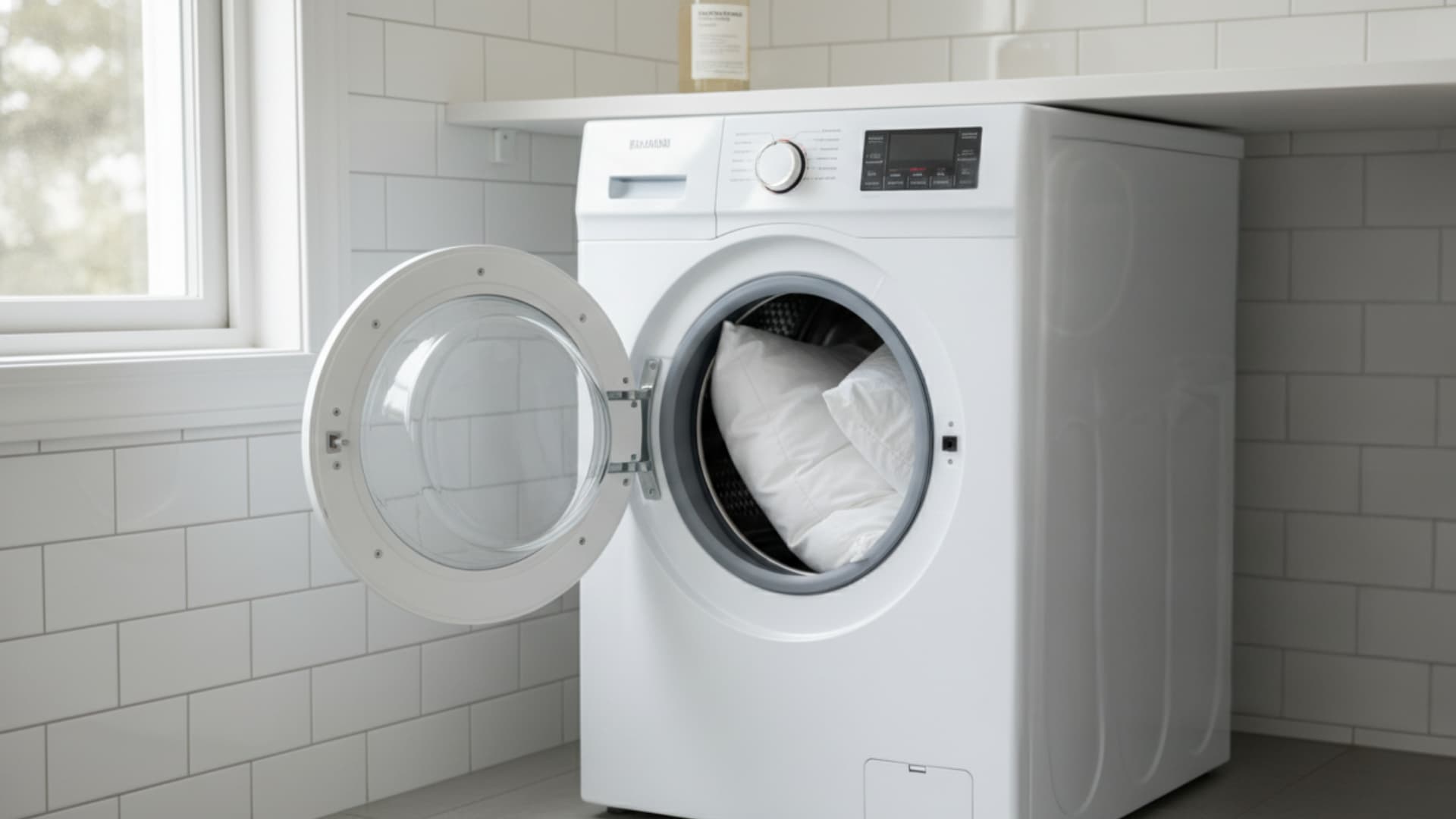 A white pillow inside a front-loading washing machine with the door open, placed in a clean, tiled laundry area.