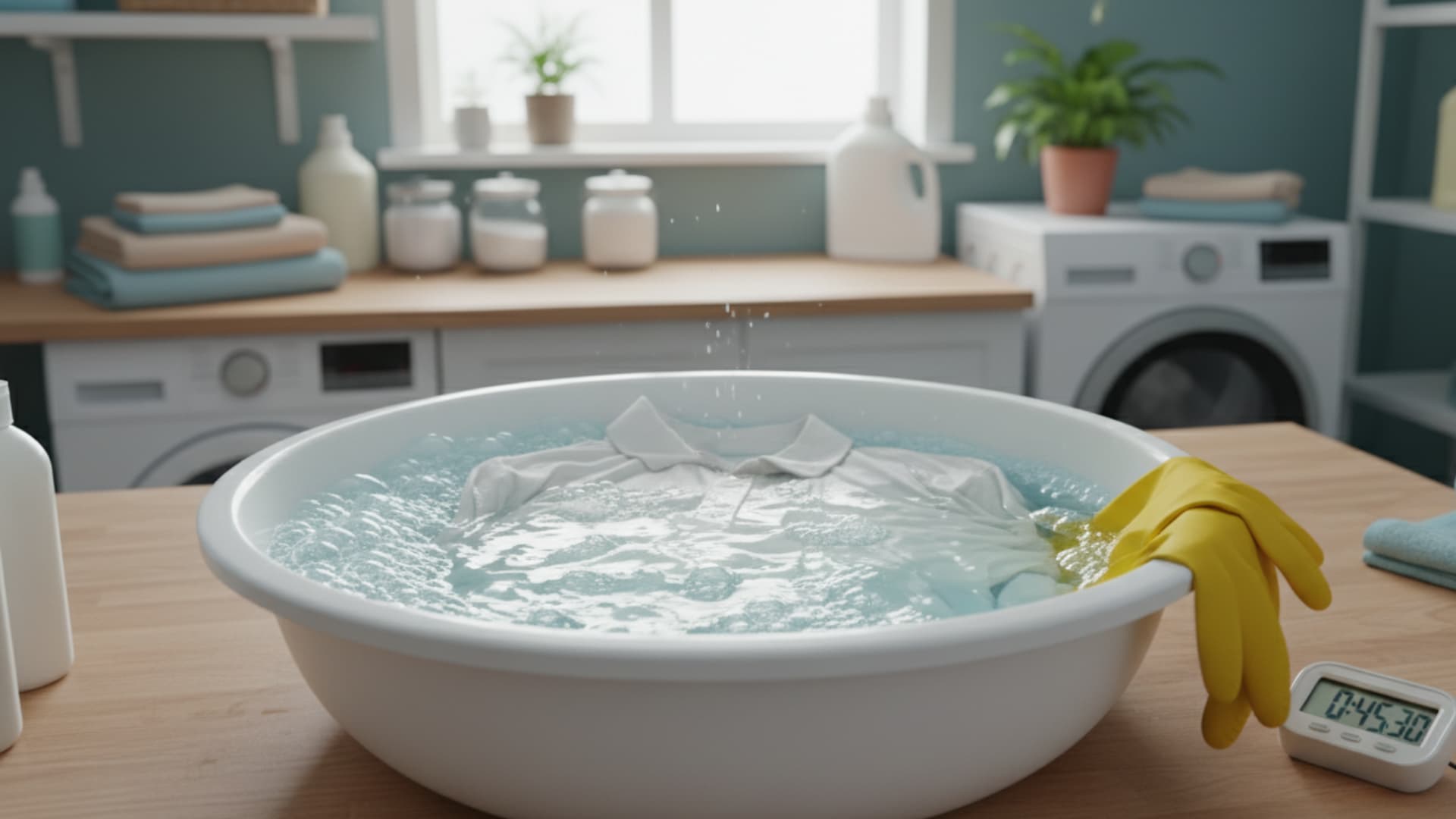 A white shirt is soaking in a basin of water with bubbles, with a yellow pair of rubber gloves resting on the side and a timer showing 45 minutes.