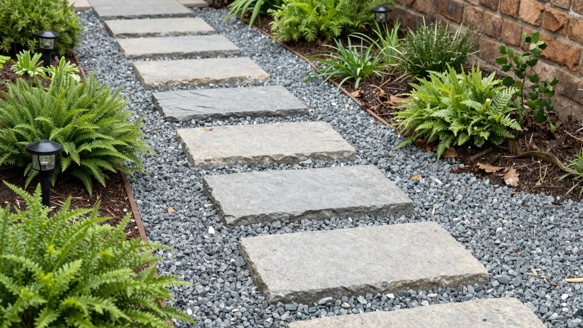 A winding, natural stone path leading through a garden, bordered by soft mulch and small, decorative plants.