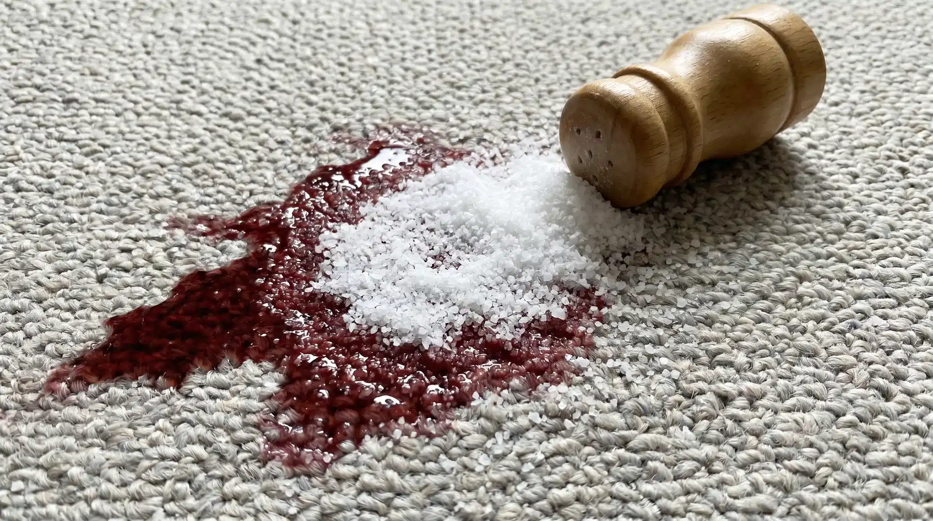 A wooden salt shaker sitting on a plush white carpet next to a fresh, dark red wine spill covered in a layer of white salt
