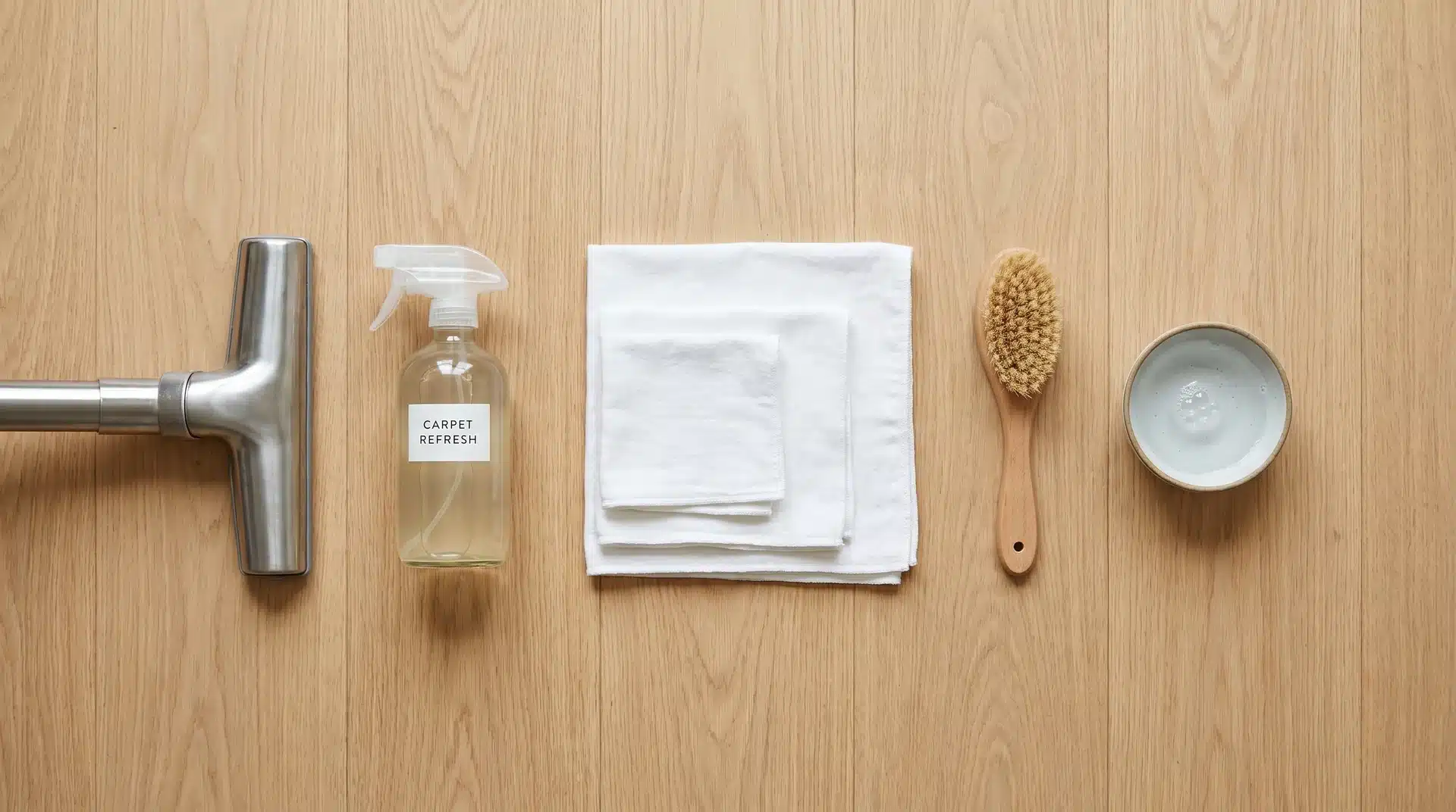 A wooden table arranged with essential carpet cleaning tools, including a squeegee, a spray bottle of cleaner, white cloths, a scrub brush, and a small bowl