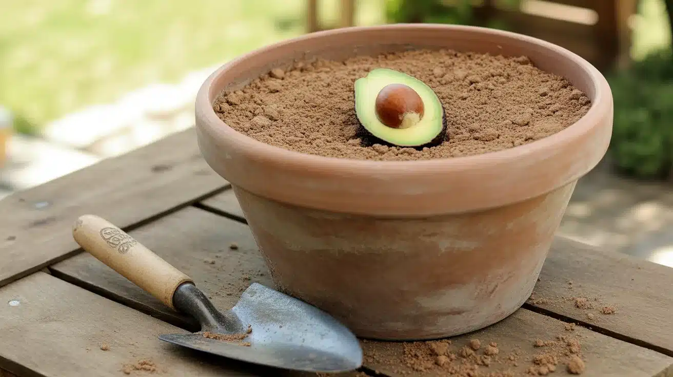 An avocado seed is placed in the center of a pot filled with soil, ready to be planted directly in the earth for growth. A gardening trowel is placed beside the pot.