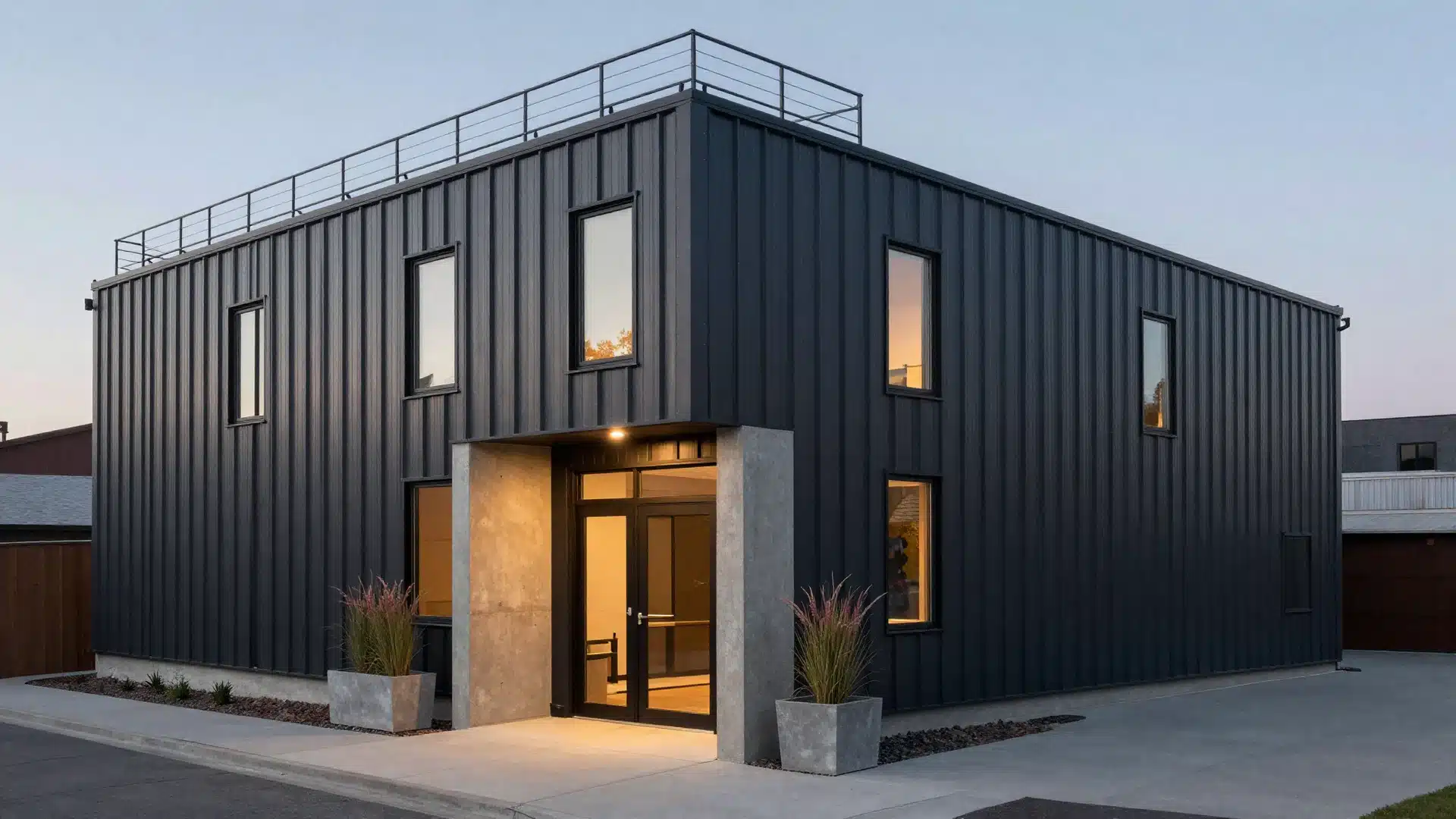 An industrial modern home exterior defined by raw concrete finishes, corrugated metal panels, and sharp, boxy geometry.