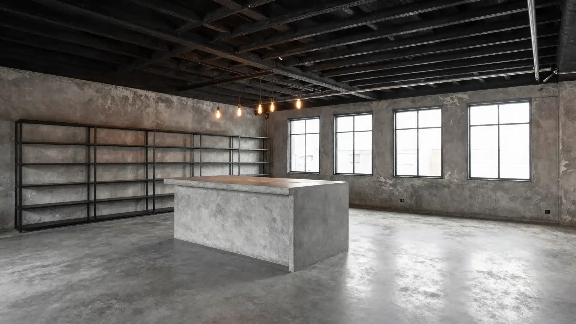 An open-concept basement with exposed ceiling joists painted black, polished concrete floors, and edgy metal decor
