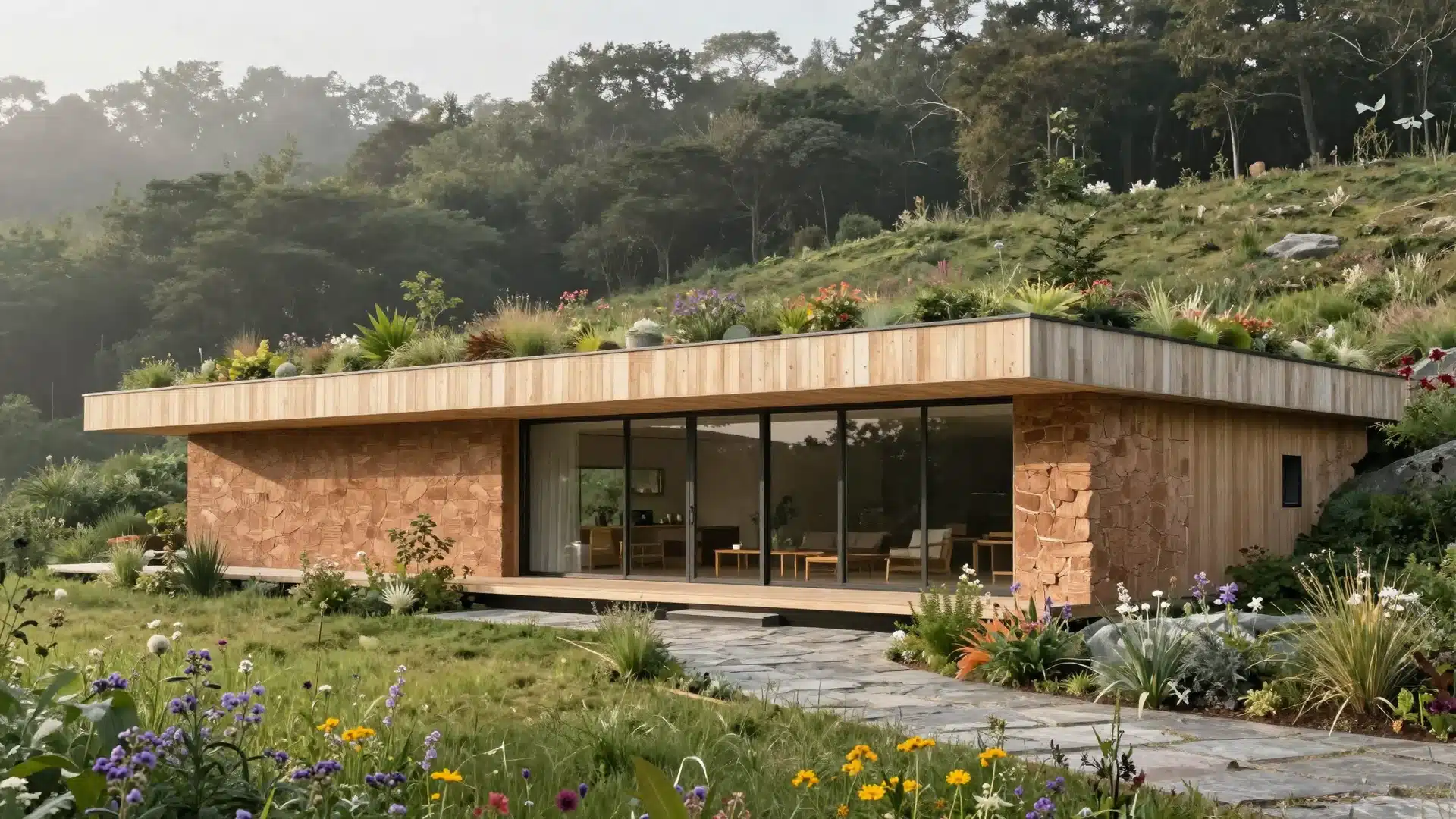 An organic modern home exterior that seamlessly blends architecture with nature using stone, clay, and lush landscaping