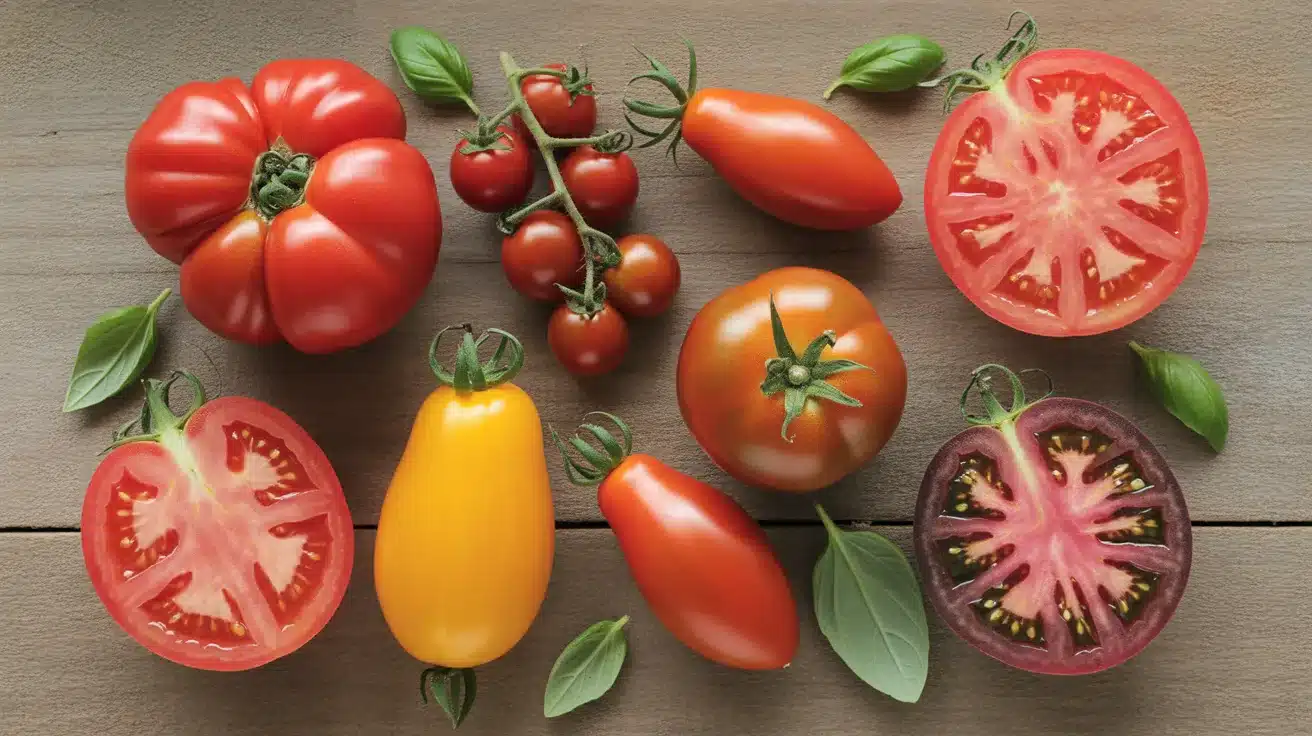 Assortment of fresh tomatoes, including cherry, heirloom, plum, and sliced varieties, arranged on a wooden surface with basil leaves.