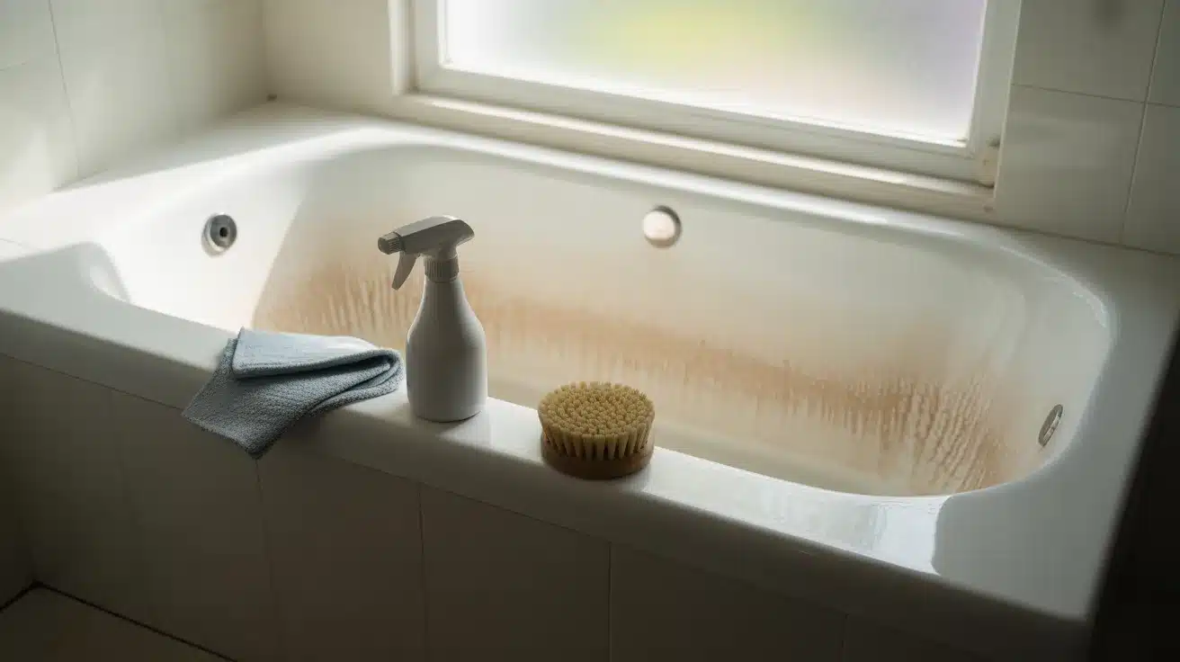 Bathtub with brown hard water stains along the sides, shown with a cleaning spray bottle, scrub brush, and cloth nearby
