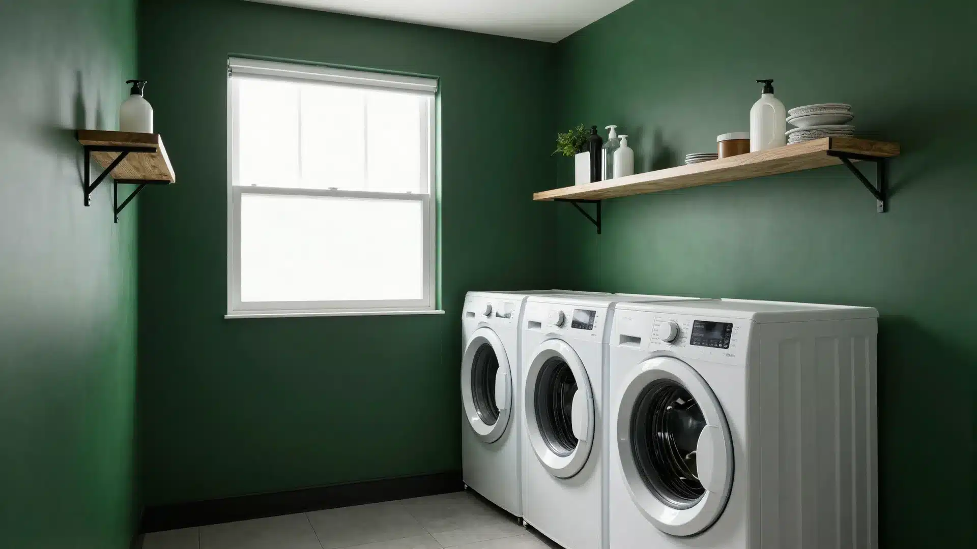 Bold laundry room with deep forest green walls that create a grounded, moody, and stylish aesthetic