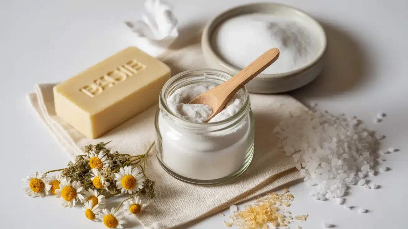 Borax-free homemade laundry detergent ingredients, including soap, baking soda, and salts, arranged in a jar and with a wooden scoop.