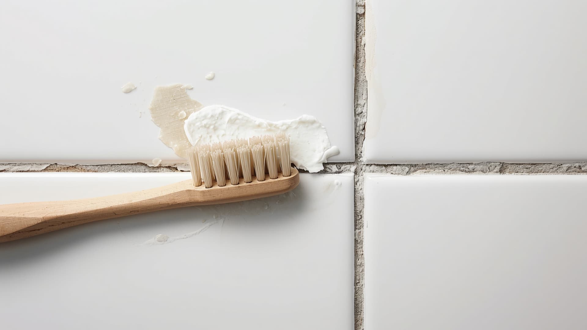Close-up of a wooden brush scrubbing stained tile grout with cleaning paste, showing buildup and discoloration between white tiles