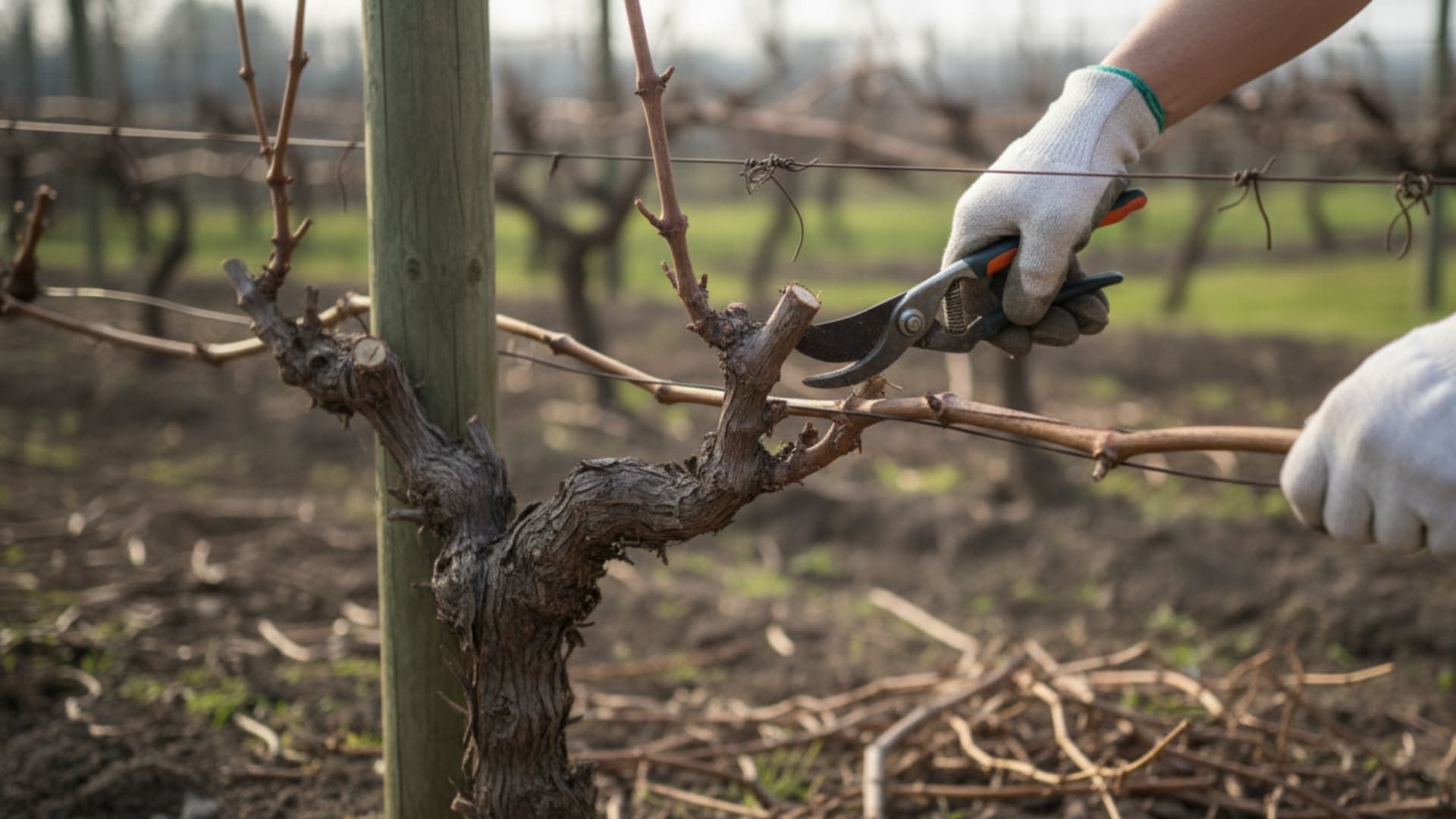 Close-up of hands pruning a grapevine with shears, cutting back branches on a trellis in a vineyard setting