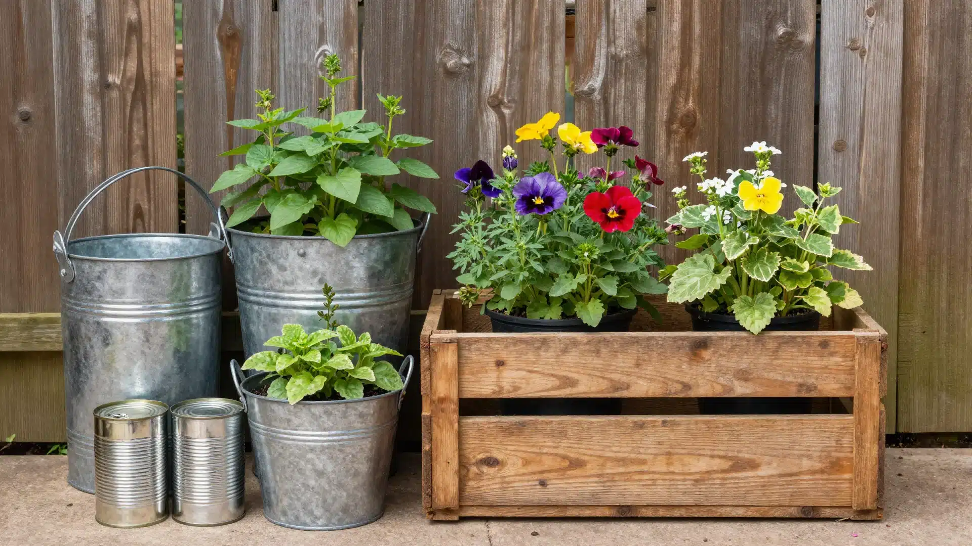 Creative upcycled planters made from old metal watering cans and wooden crates, adding character to a small garden.