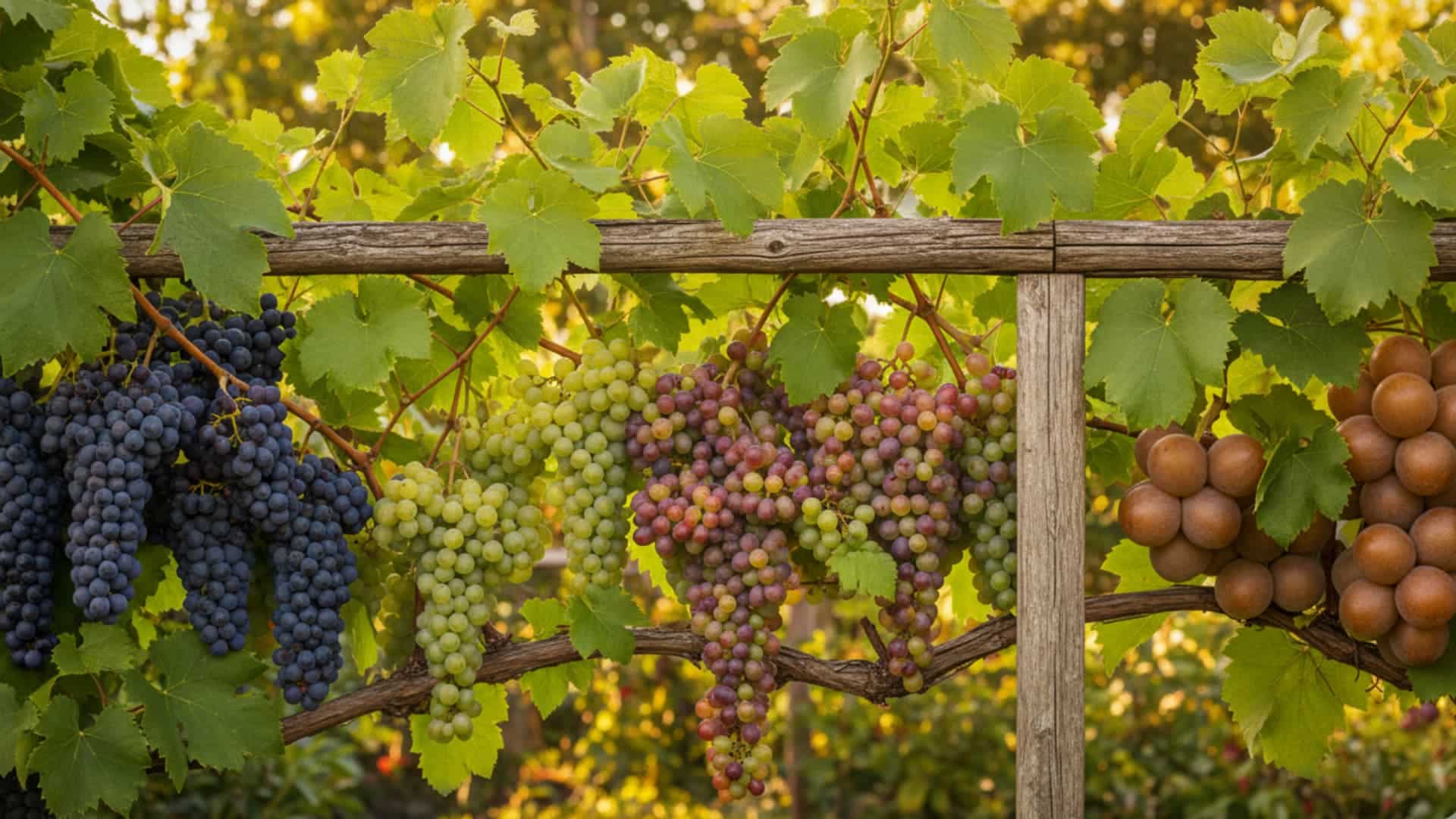 Different types of grapes growing on a vineyard trellis, including green, red, purple, and brown varieties hanging among lush leaves