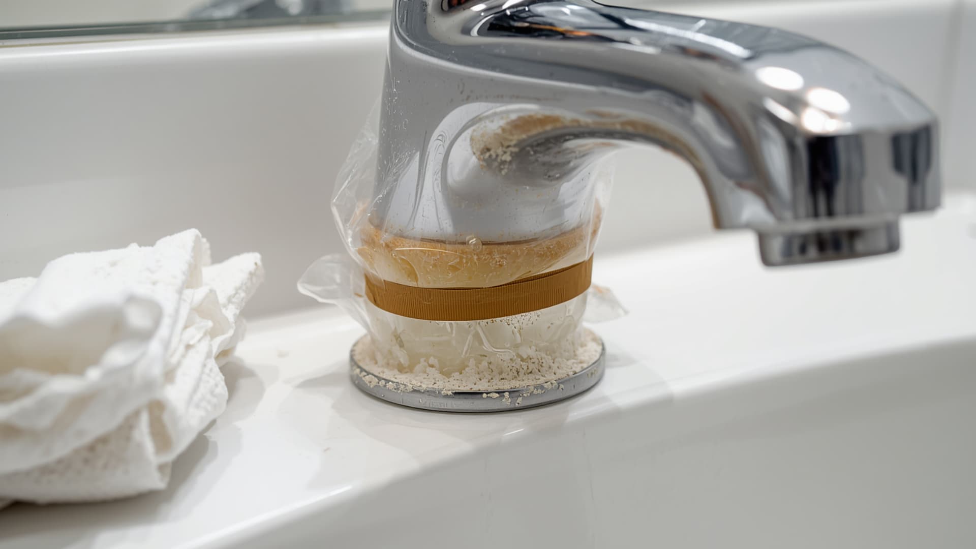 Faucet base wrapped with a cleaning solution to remove hard water buildup, with visible mineral deposits around the metal fixture