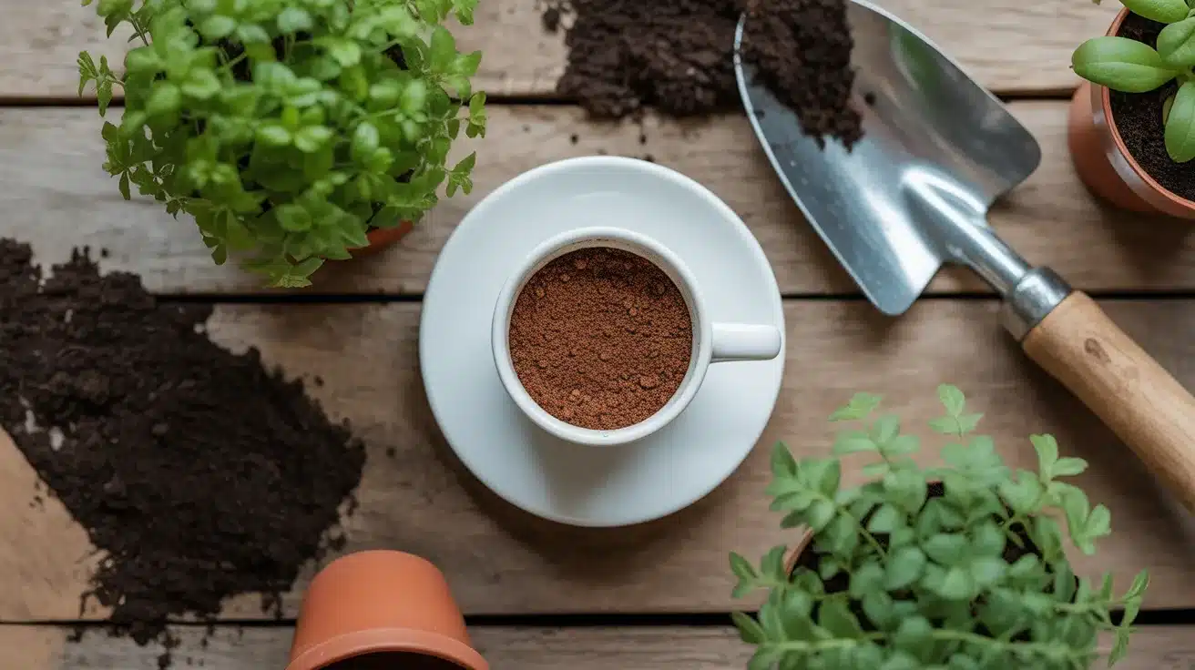 Flat lay of coffee grounds in a cup surrounded by small potted plants, loose soil, and a gardening trowel on a wooden surface.
