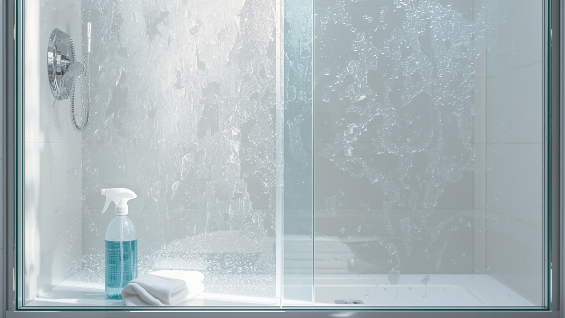 Glass shower doors covered with cloudy hard water stains, with a spray cleaner and a cloth placed inside the shower for cleaning