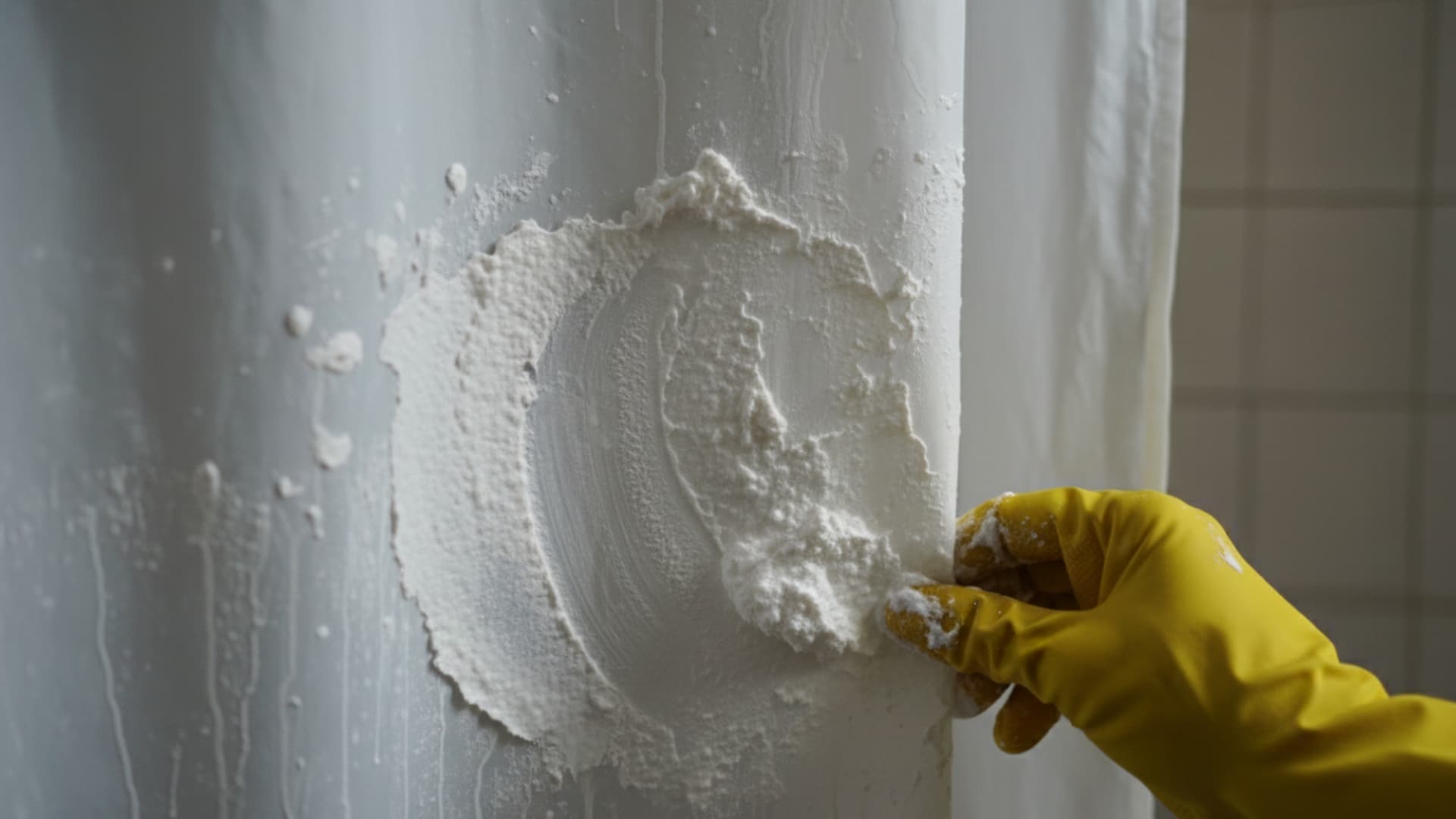 Hand in a yellow glove applying a paste to remove hard water stains from a white shower curtain