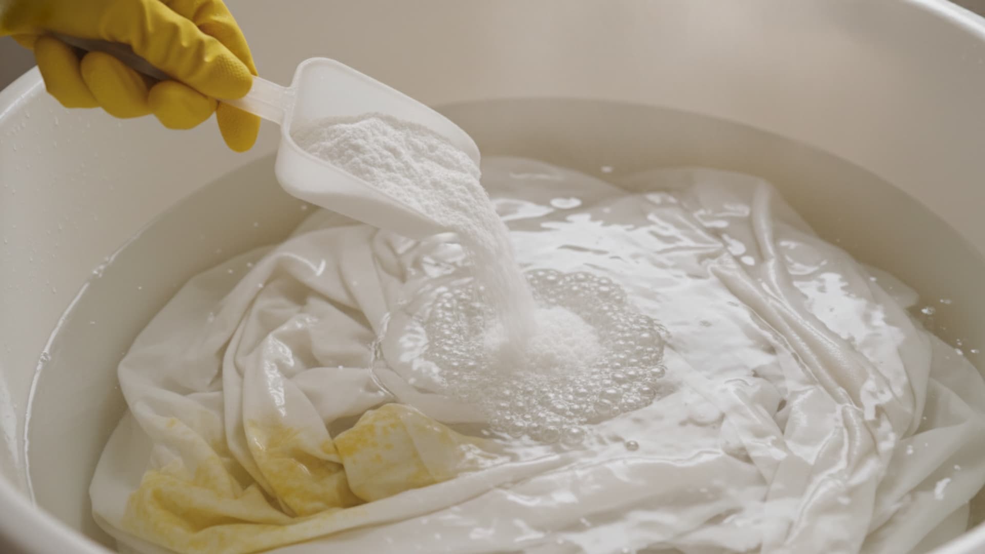 Hand wearing a yellow glove adding cleaning powder to a basin of water to treat yellow stains and discoloration on a white shower curtain