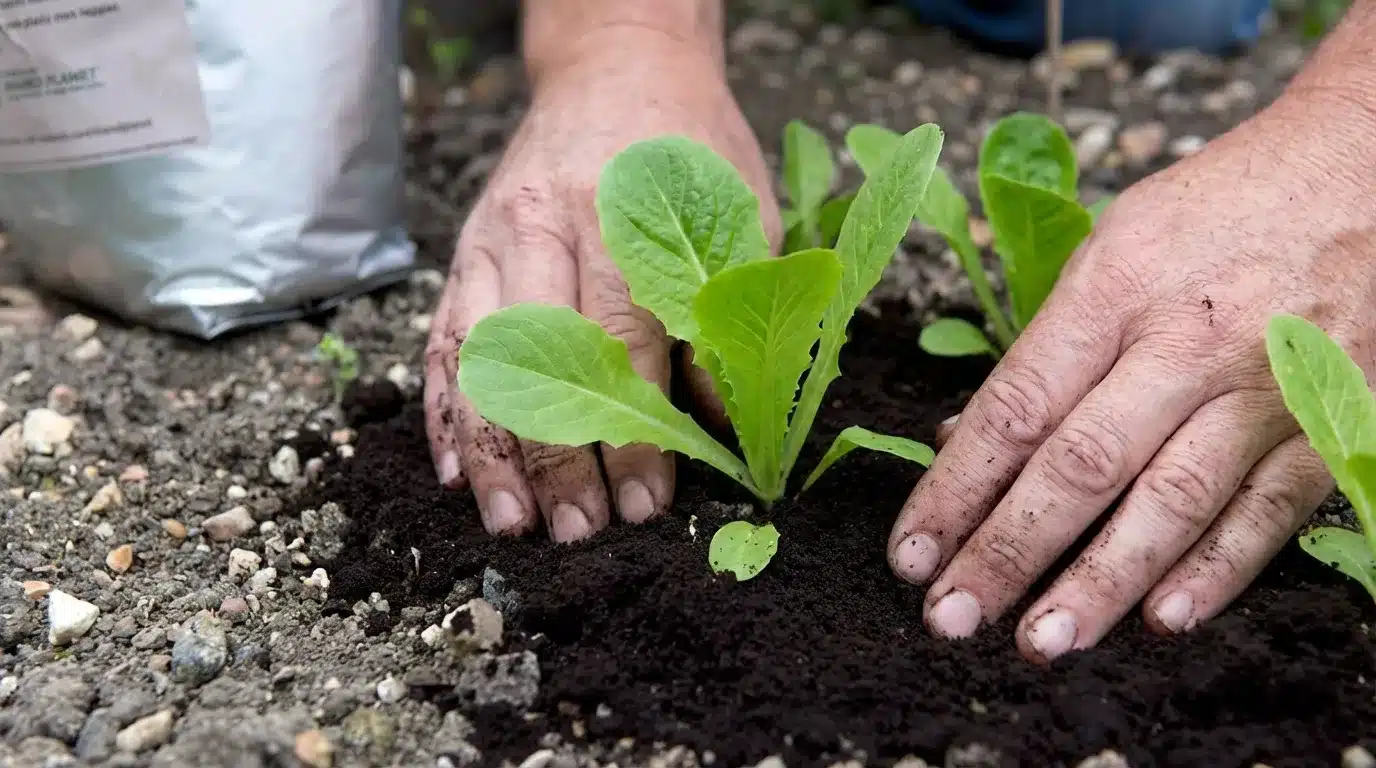 Hands placing coffee grounds into soil around young green plants in a garden bed.