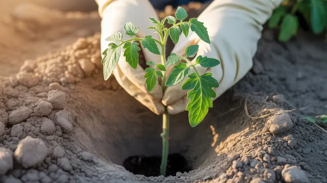 Hands planting a young tomato seedling deep into soil, demonstrating proper planting depth with the stem partially buried.