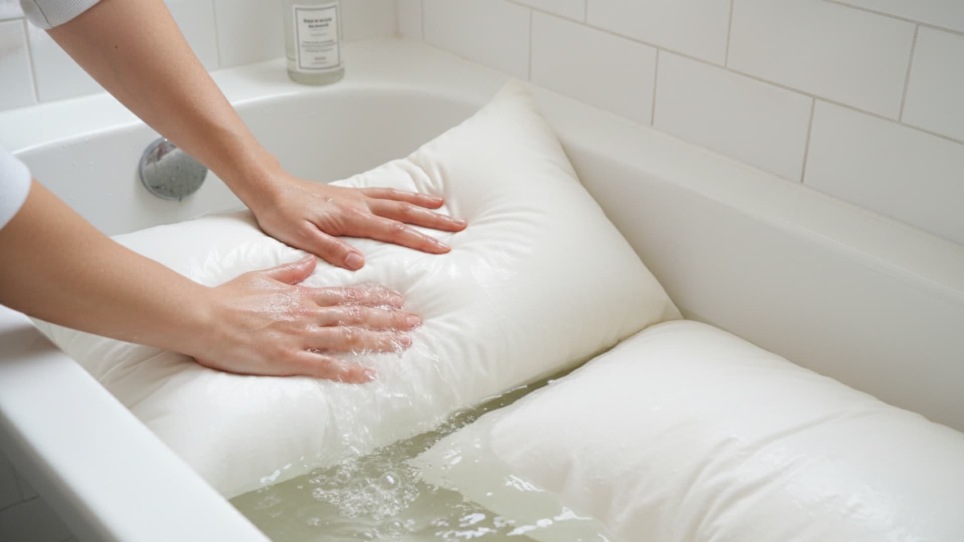 Hands pressing and washing a white pillow in a bathtub filled with soapy water.